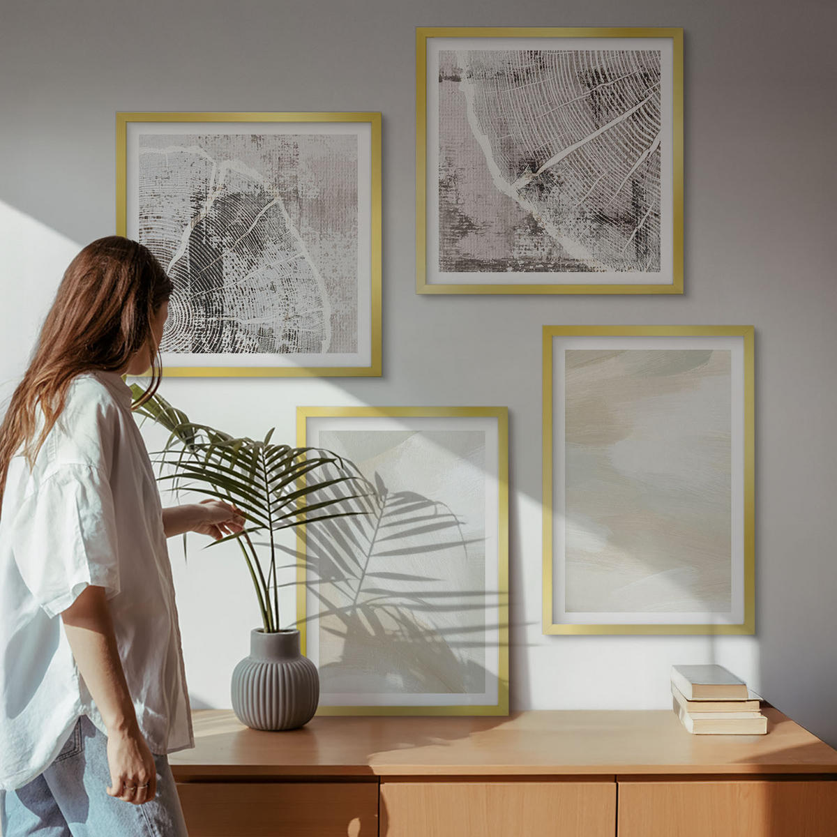 WANDBILDER 4er Set - 50x50 cm & 40x60 cm Goldrahmen - Minimalismus der Farbstruktur - Goldfarben, Kunststoff (50/50cm) - ArtPrintCave