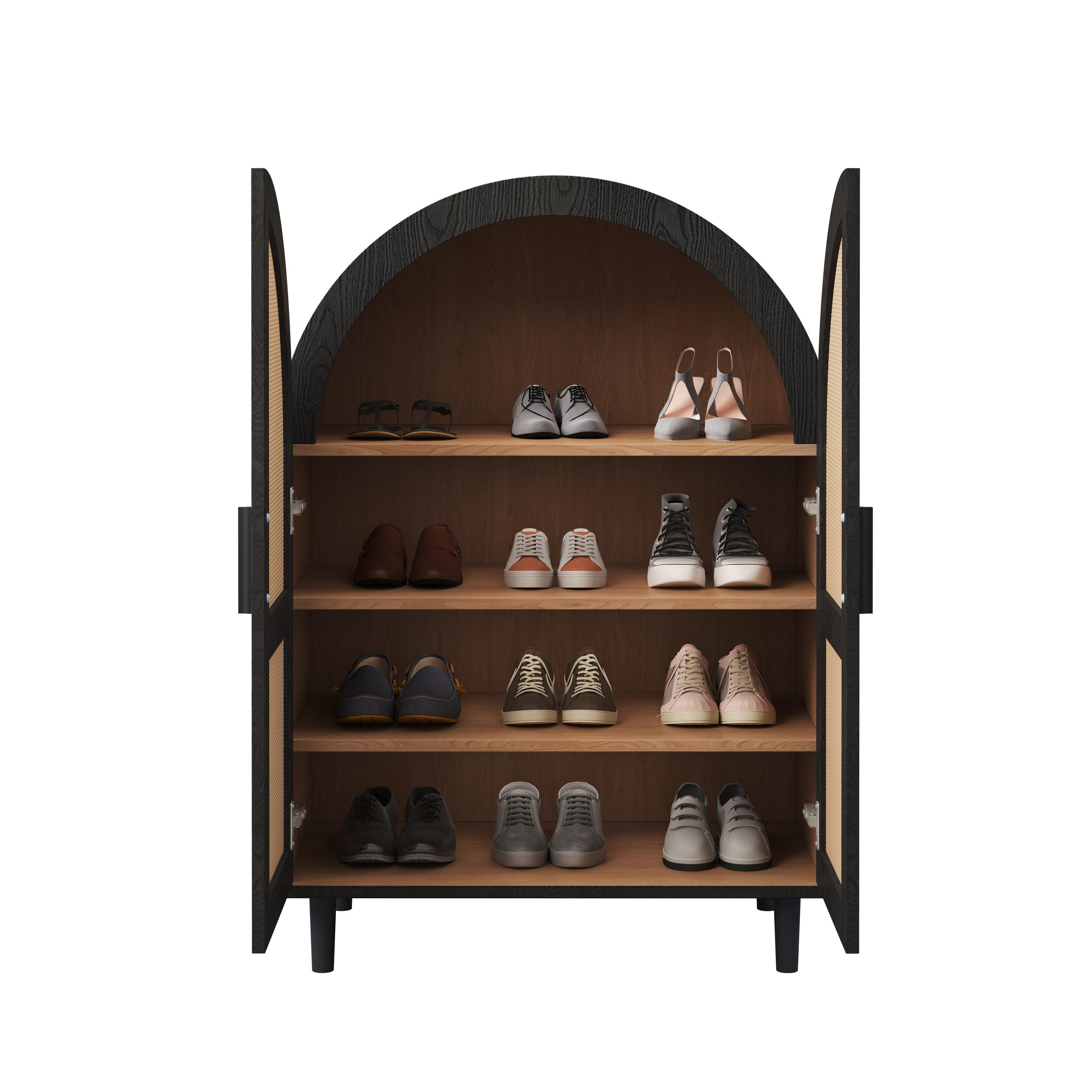SCHUHSCHRANK für 12–15 Paar Schuhe, mit Rattantüren und Metallbeinen, 70/40/100 cm, Schwarz und Holz - Naturfarben, Holzwerkstoff (70/40/100cm) - Redom