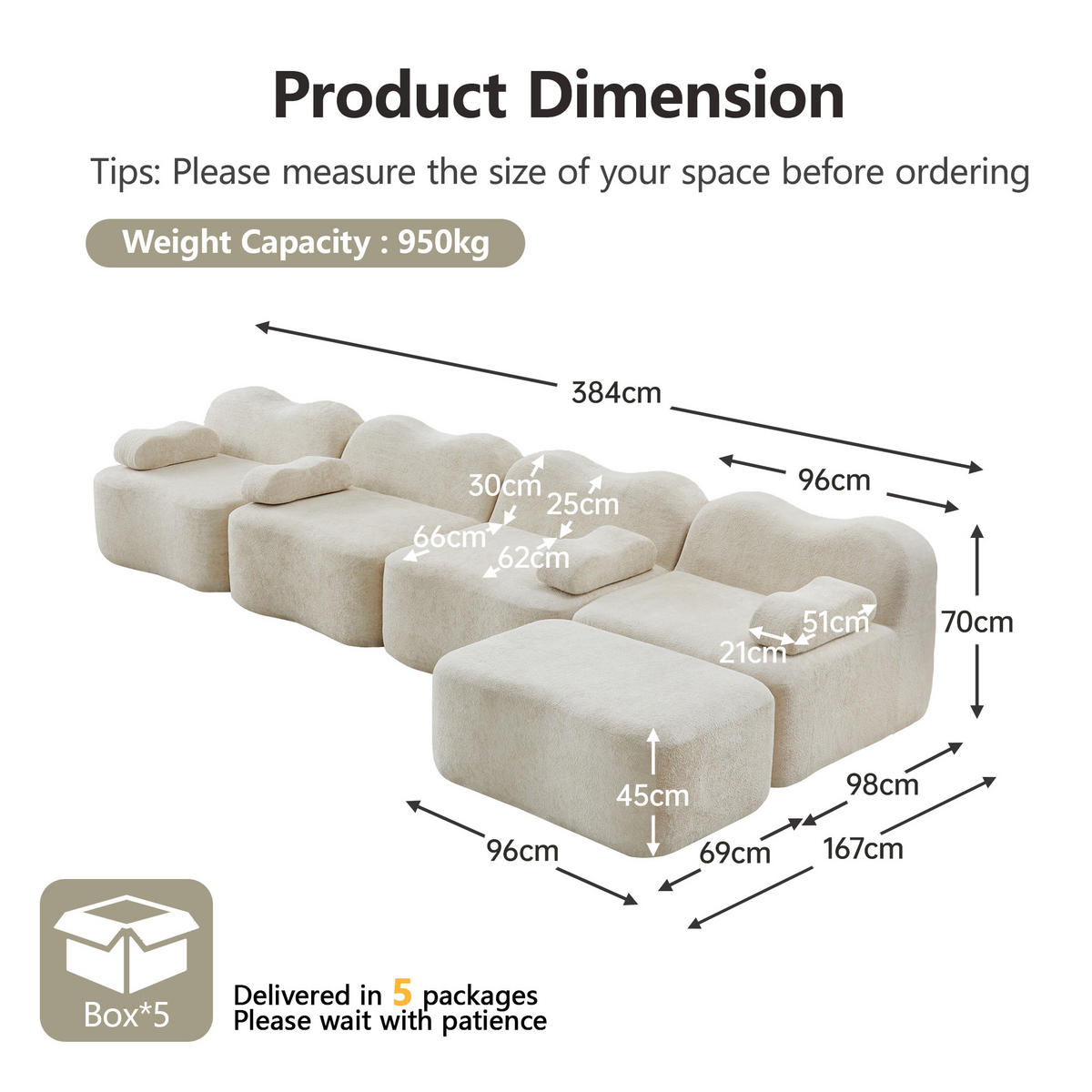 4-SITZER ECKSOFA Samt Beige mit Hocker - Beige, Textil (384/167cm) - WISHDOR
