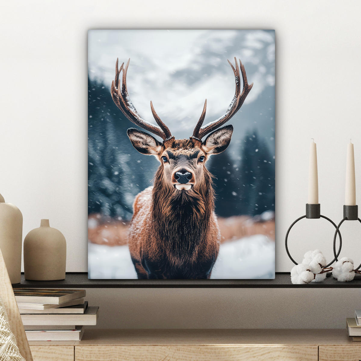 LEINWANDBILD Hirsche - Tiere - Landschaft - Winter - Schnee 30x40 cm - Kastanienfarben, Textil (30/40cm) - MuchoWow