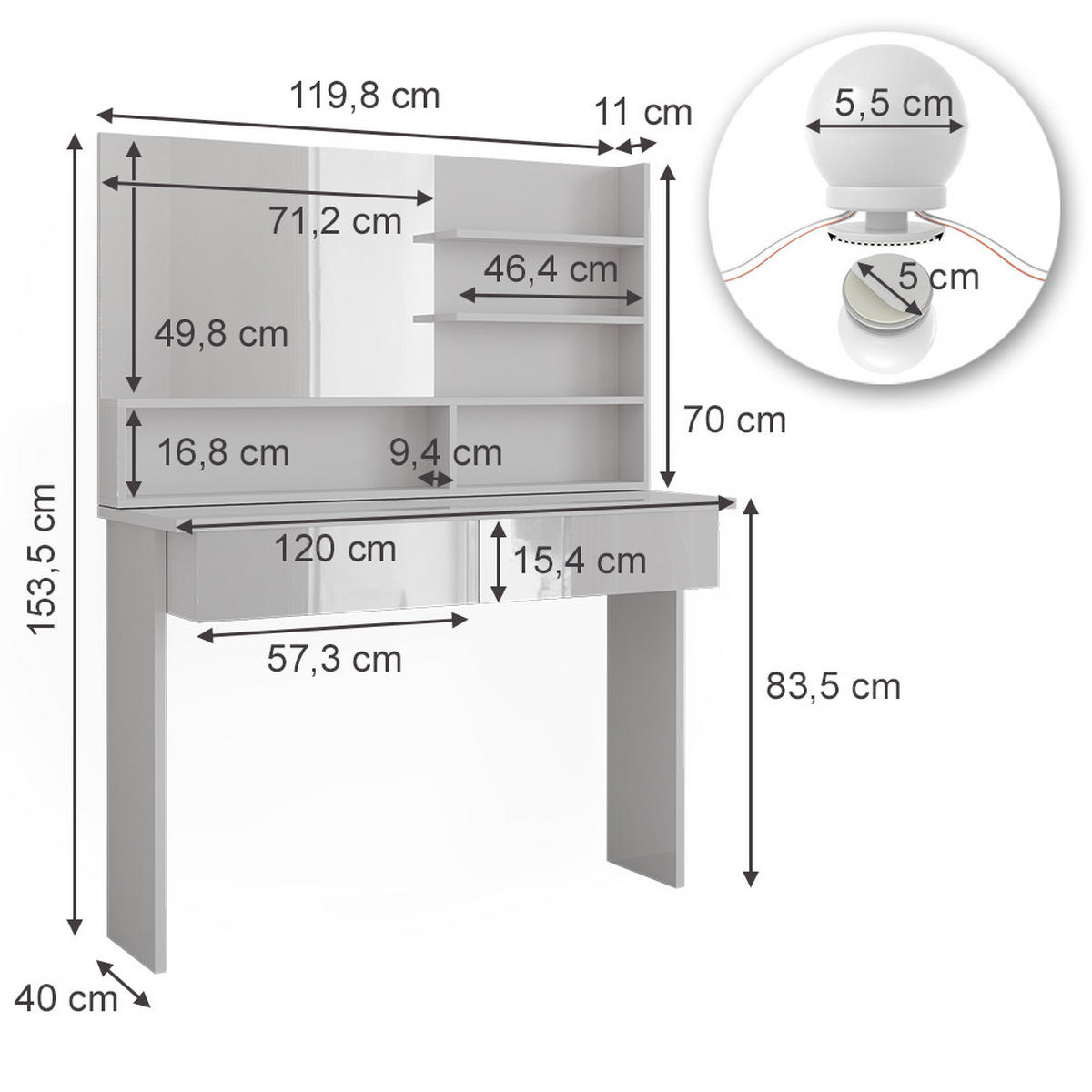 SCHMINKTISCH Azur Weiß 120 cm mit LED Beleuchtung - Weiß Hochglanz/Weiß, Holzwerkstoff (120/83.5/40cm) - Vicco