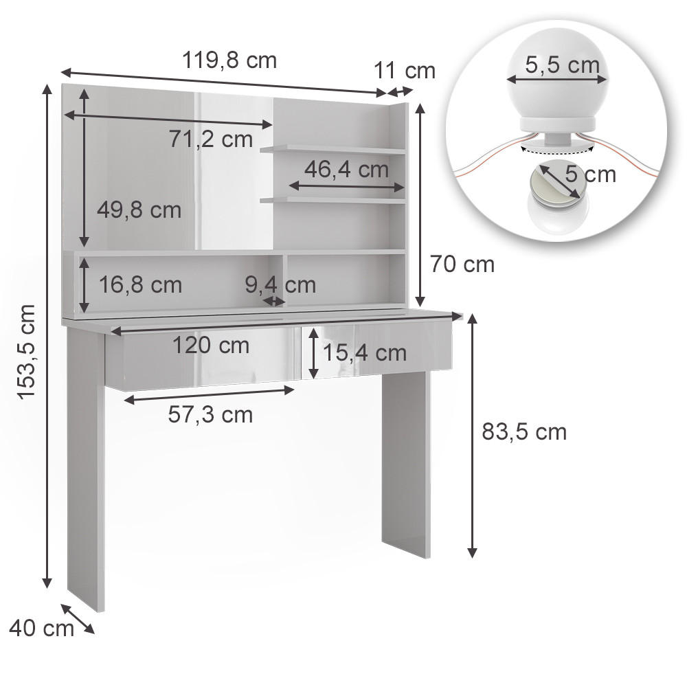 Thumbnail - Vicco Schminktisch, Weiß, Weiß Hochglanz, Holzwerkstoff, 7 Fächer, 2 Schubladen, Rechteckig,Rechteckig, 120x83.5x40 cm, ...