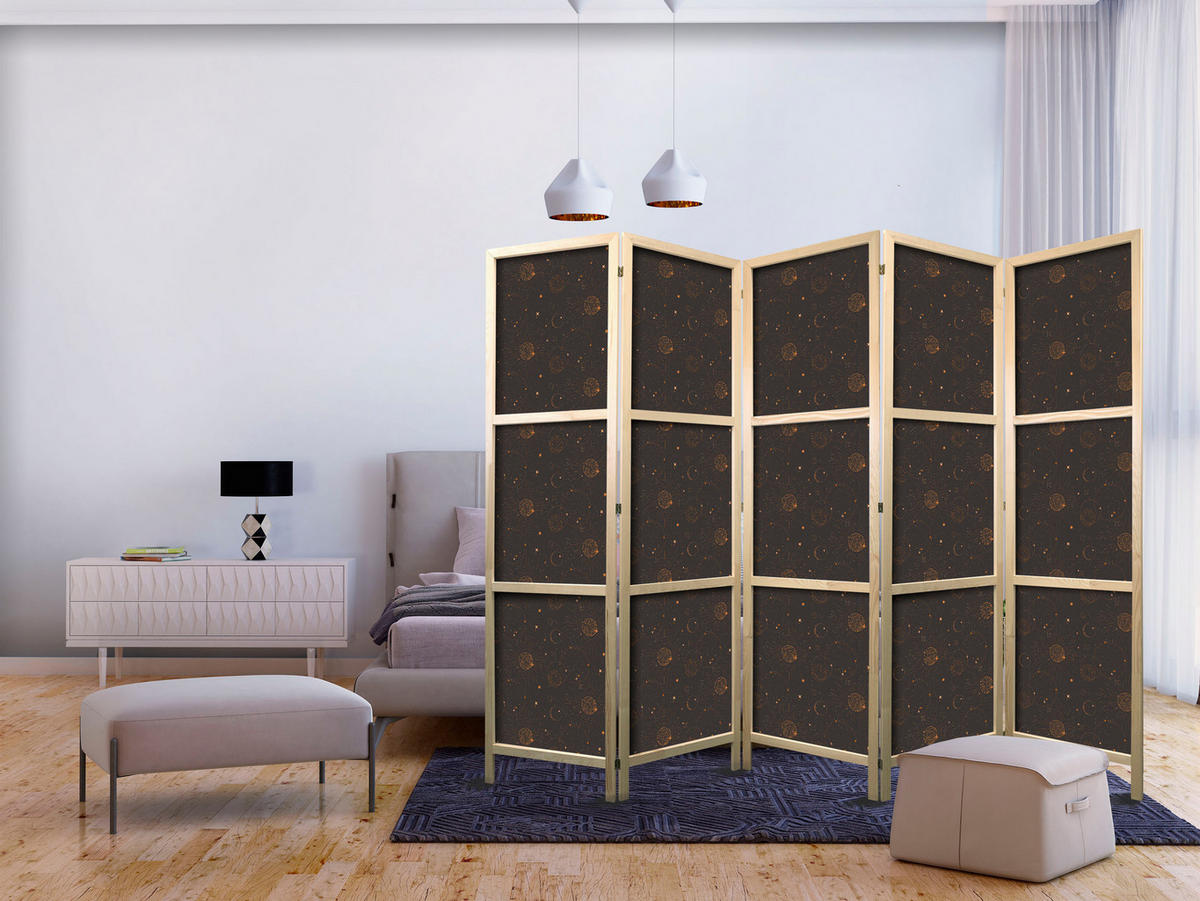 PARAVENT Japanischer 5-tlg 225x172 cm Sonnen Und Sterne - Braun, Holz/Textil (225/172/3cm) - Muralo