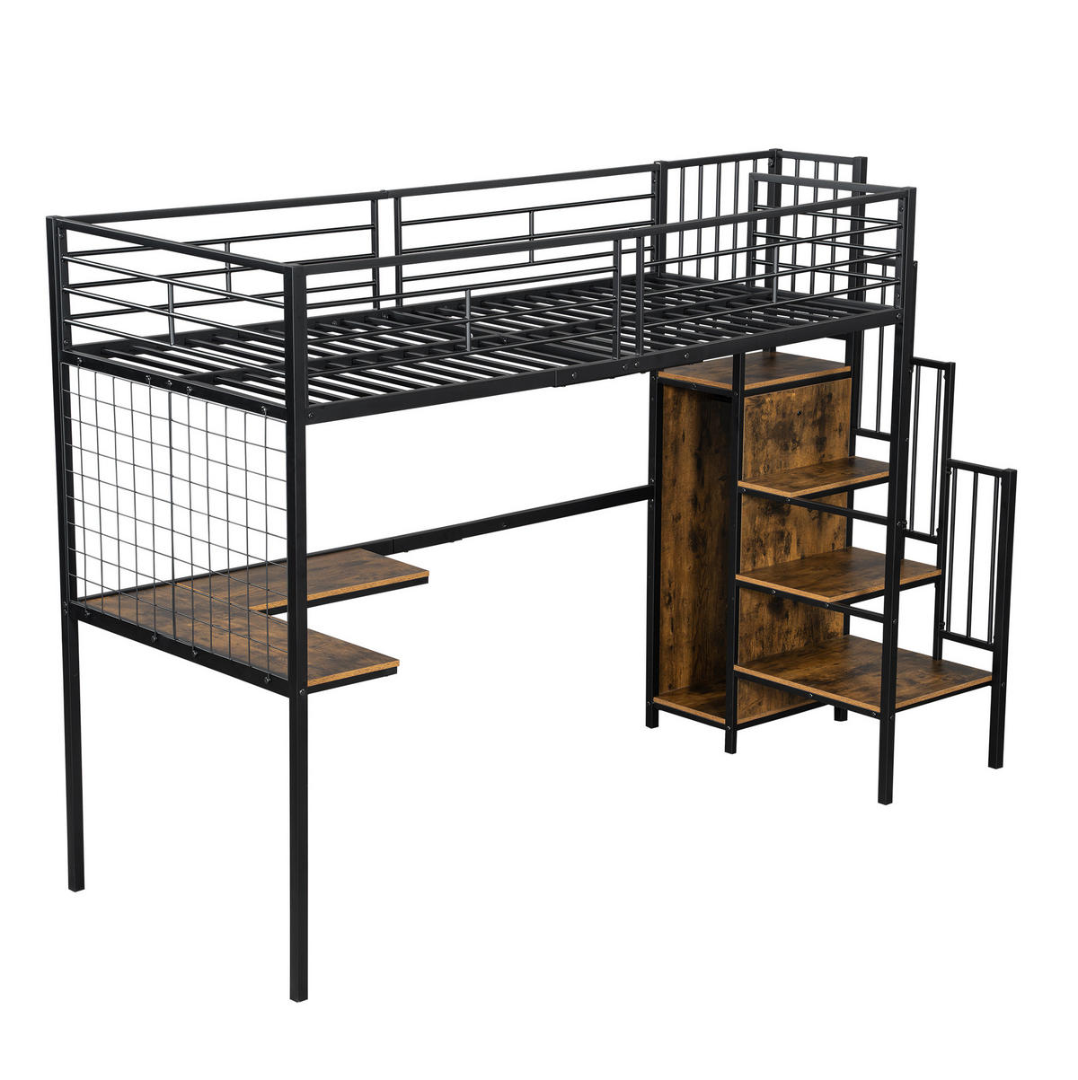 HOCHBETT 90/200 cm Schwarz und dunkle Holzfarbe aus Metall und Holzwerkstoff mit Kleiderschrank und Tisch - Schwarz, Holzwerkstoff (90/200cm) - OKMYHOME