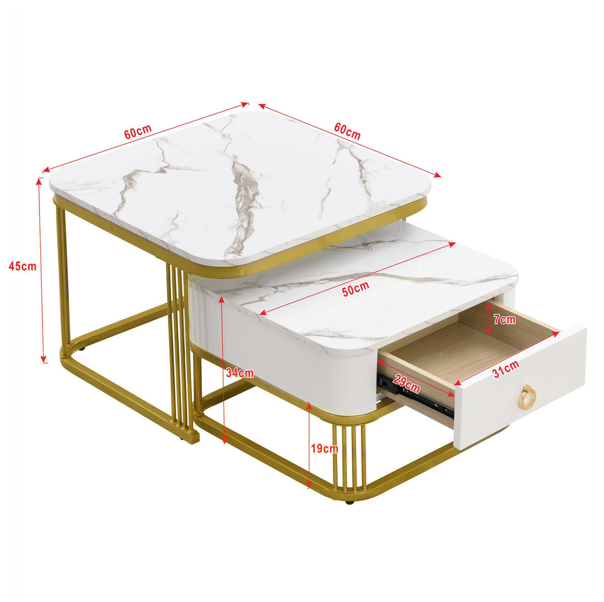 COUCHTISCH 60/60/45 cm + 50/50/34 cm weiß aus MDF mit Schublade - Weiß, Holzwerkstoff (60/60/45cm) - OKMYHOME