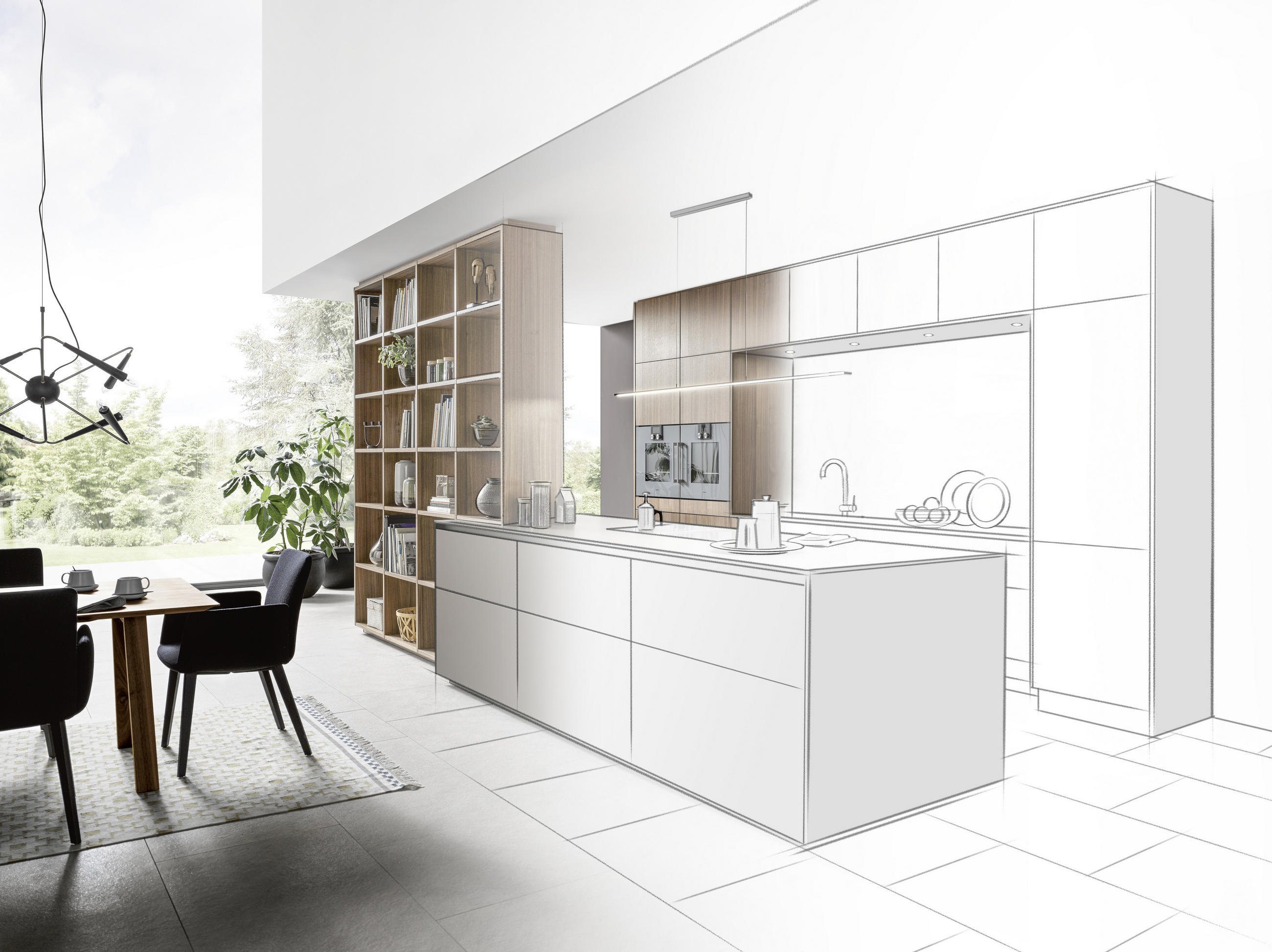 Jumătate de bucătărie reală, jumătate desenată