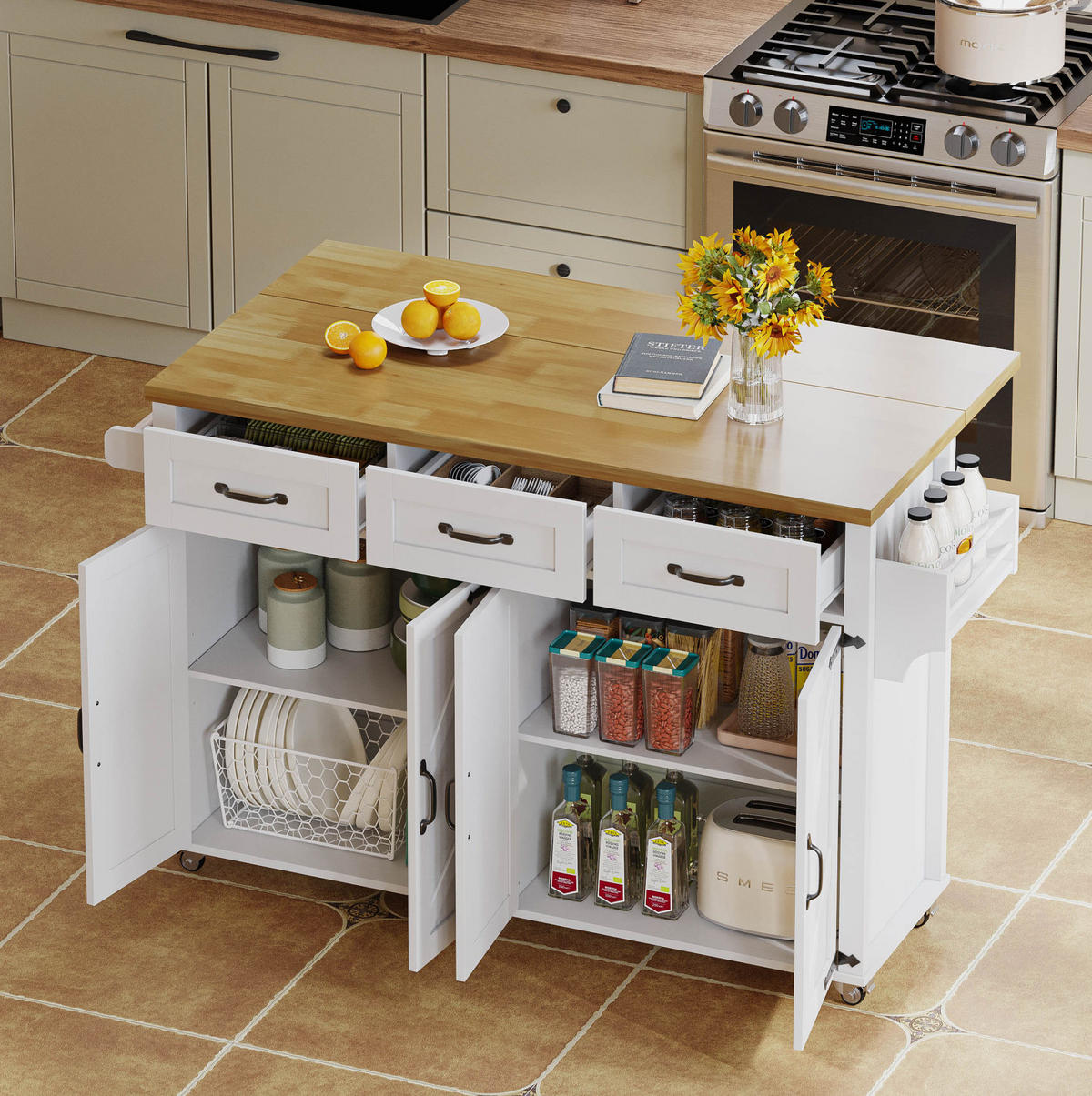 KÜCHENINSEL 140/43-70/90,5 cm aus MDF mit klappbarer Arbeitsplatte Weiß/Natur - Weiß, Holzwerkstoff (140/90.5/70cm) - Modenvie