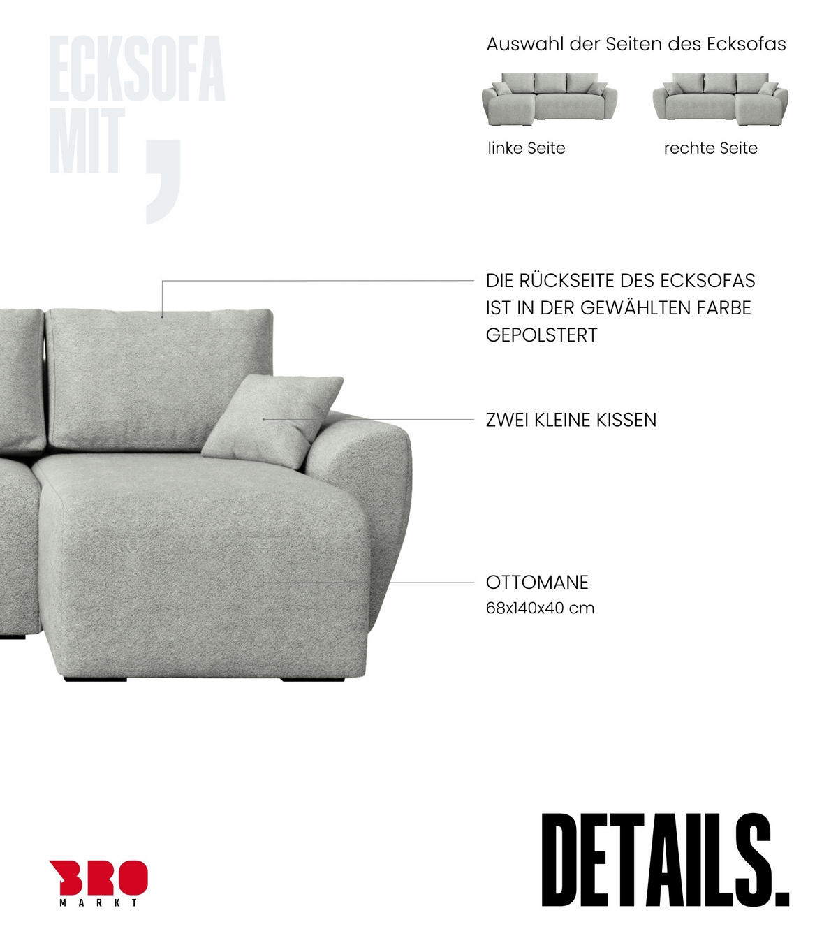 ECKSOFA Rotterdam mit Schlaffunktion Grau Bouclé - Hellgrau, Textil (238/141cm) - Bromarkt
