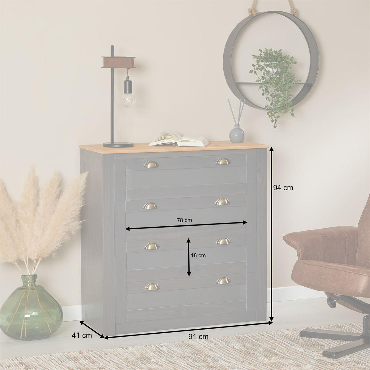 KOMMODE BOLTON anthrazit/braun - Anthrazit/Braun, Holz (91/93/40cm) - IDIMEX