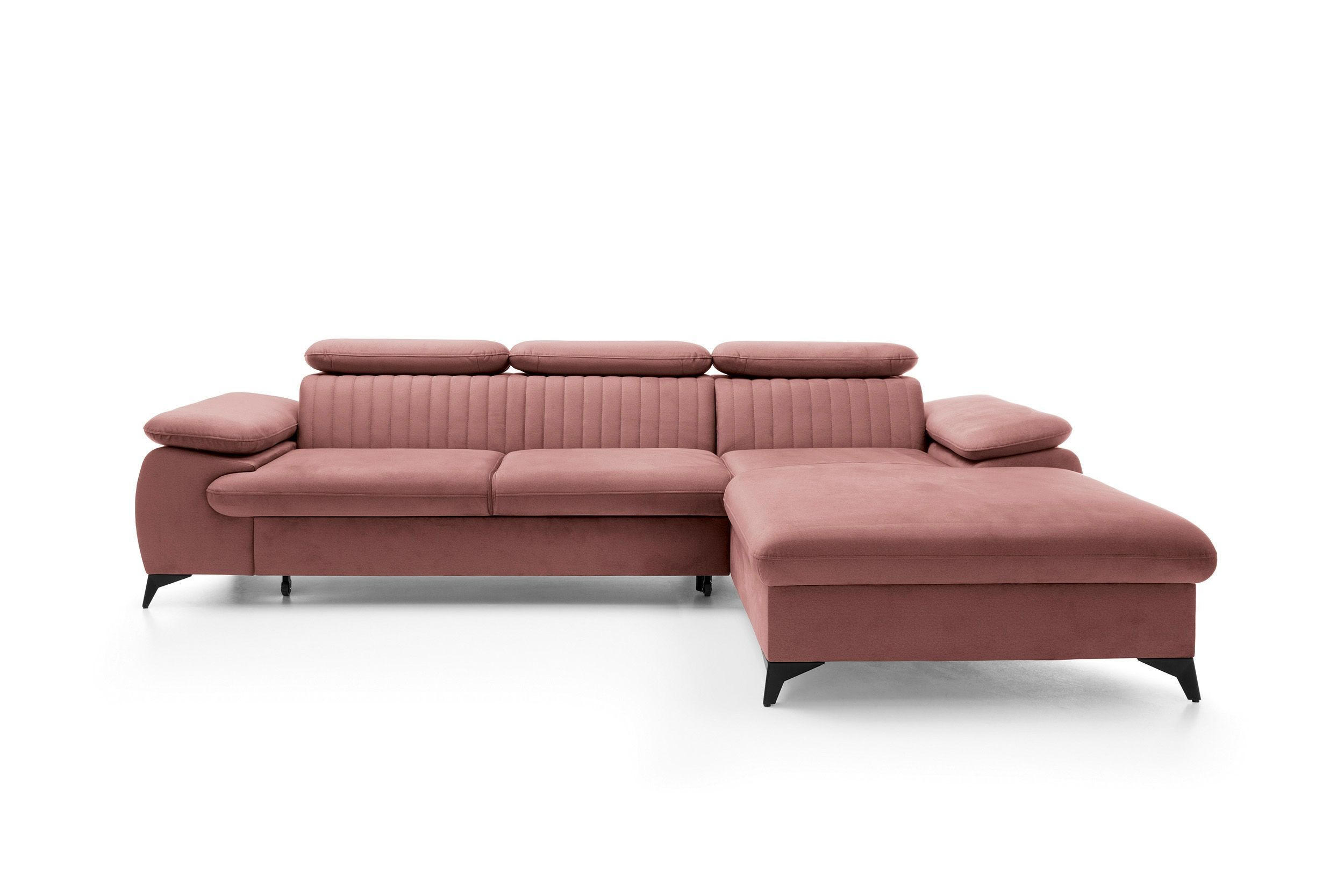 ECKSOFA FIORE Rosa Velours-Stoff mit Schlaffunktion - Rosa, Holz (280/193cm) - MASSENO