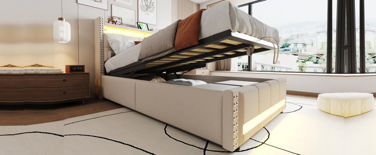 POLSTERBETT 90/200 cm Beige aus Leinenstoff mit LED, USB und Stauraum - Beige, Textil (90/200cm) - OKMYHOME