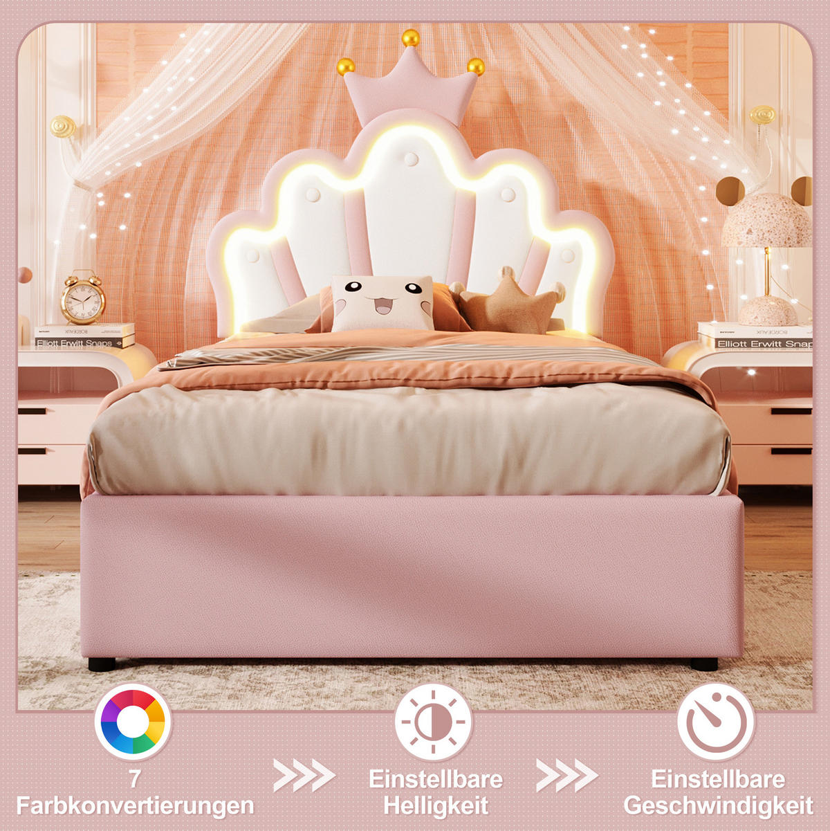 POLSTERBETT 90/200 cm Rosa aus PU mit LED-Lichtband und Stauraum - Pink, Kunststoff (90/200cm) - OKMYHOME