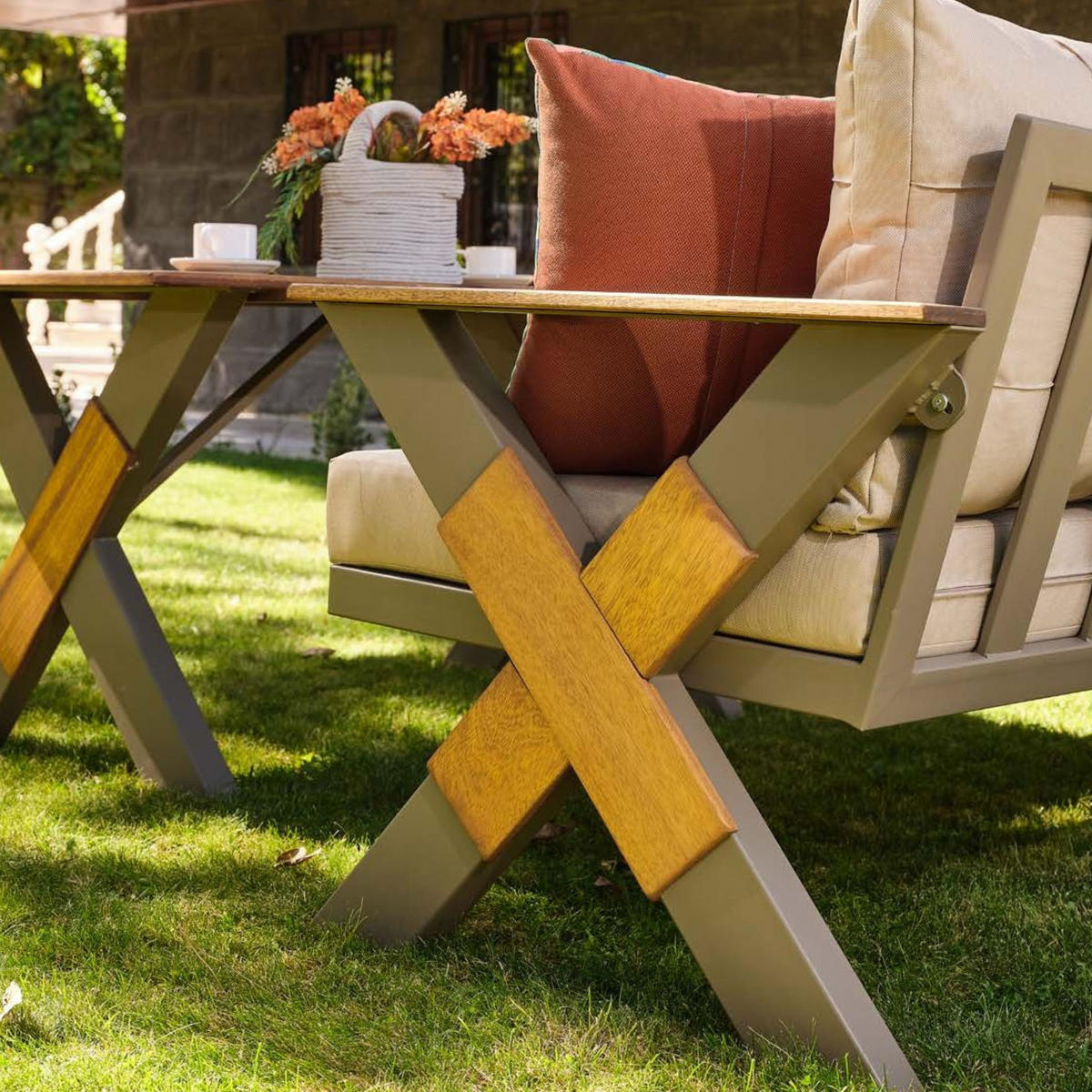 GARTENMÖBEL-SET 4-tlg. aus Irokoholz Lotus Beige - Beige, Holz/Metall - Gowoll