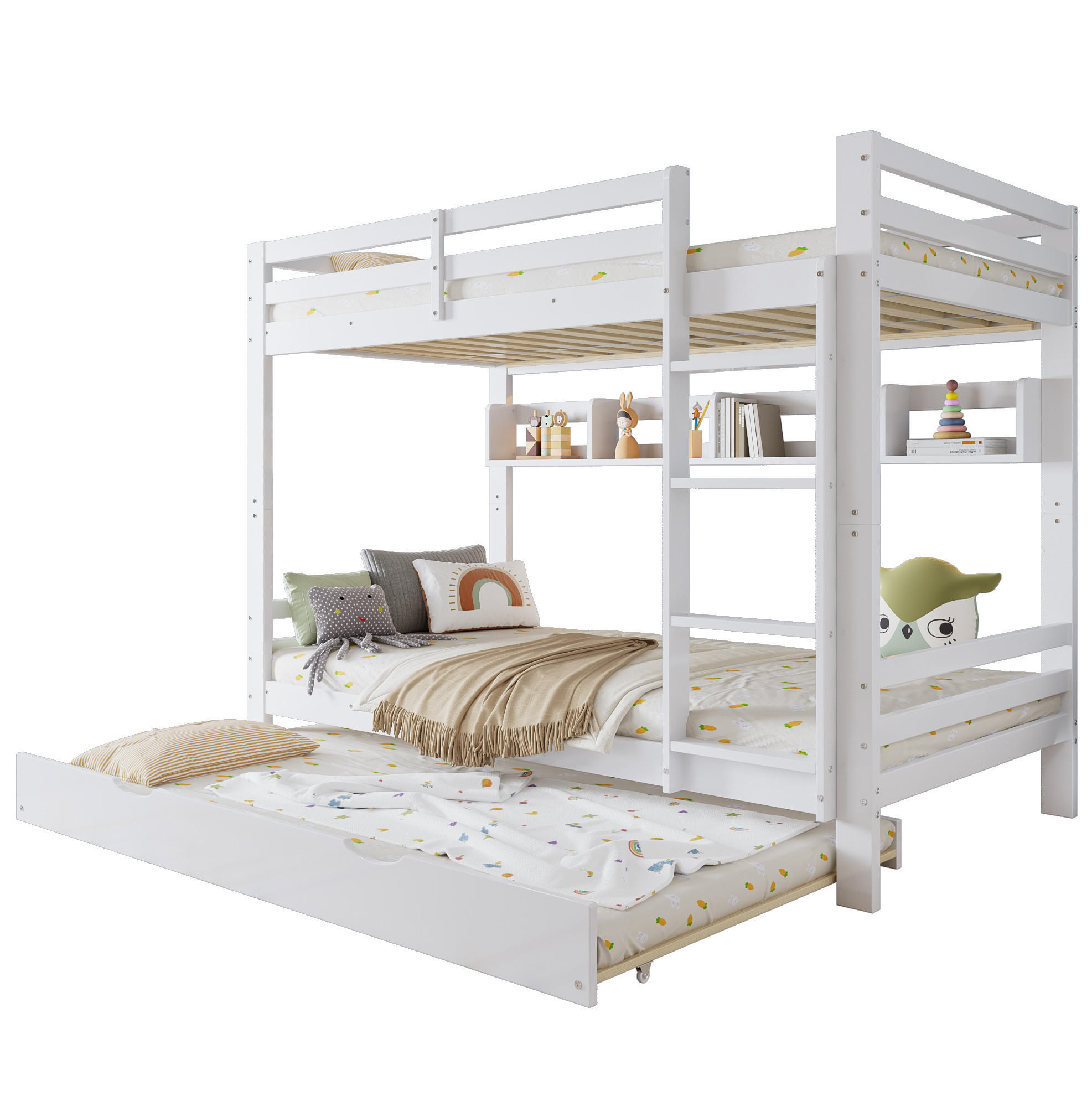 ETAGENBETT 90/200 cm in Weiß mit Ausziehbett und Regal - Weiß, Holz - BEAOK