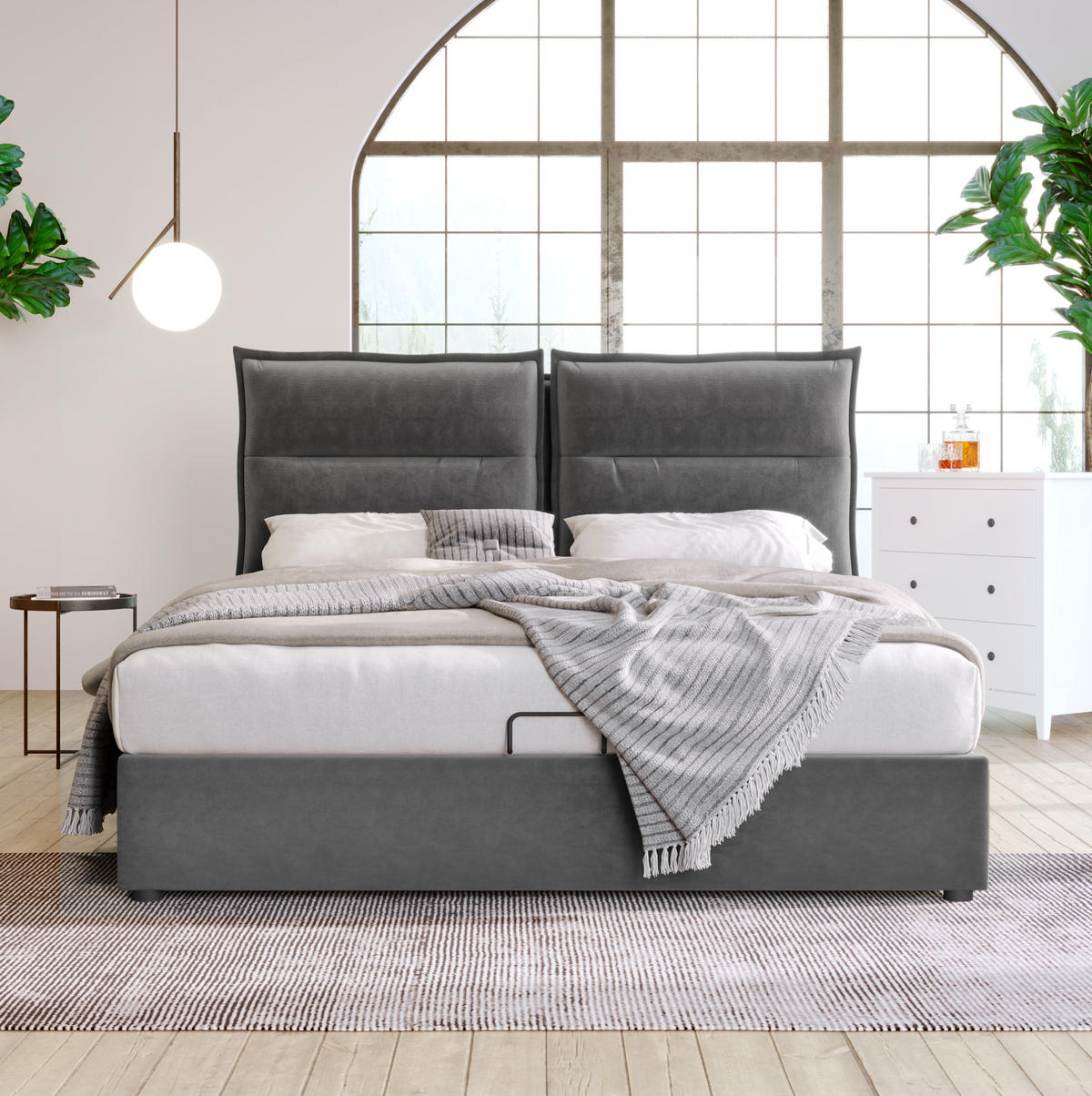 BETT mit Bettkasten und verstellbarem Kopfteil 140x200 cm Samt Grau - Grau, Metall (140/200cm) - Meubliv