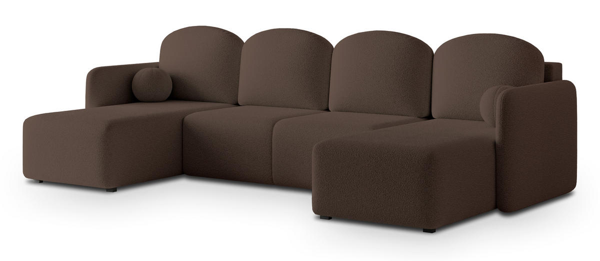 WOHNLANDSCHAFT NUBERO Braun Boucle-Stoff mit Schlaffunktion - Braun, Holz (220/85/143cm) - MASSENO