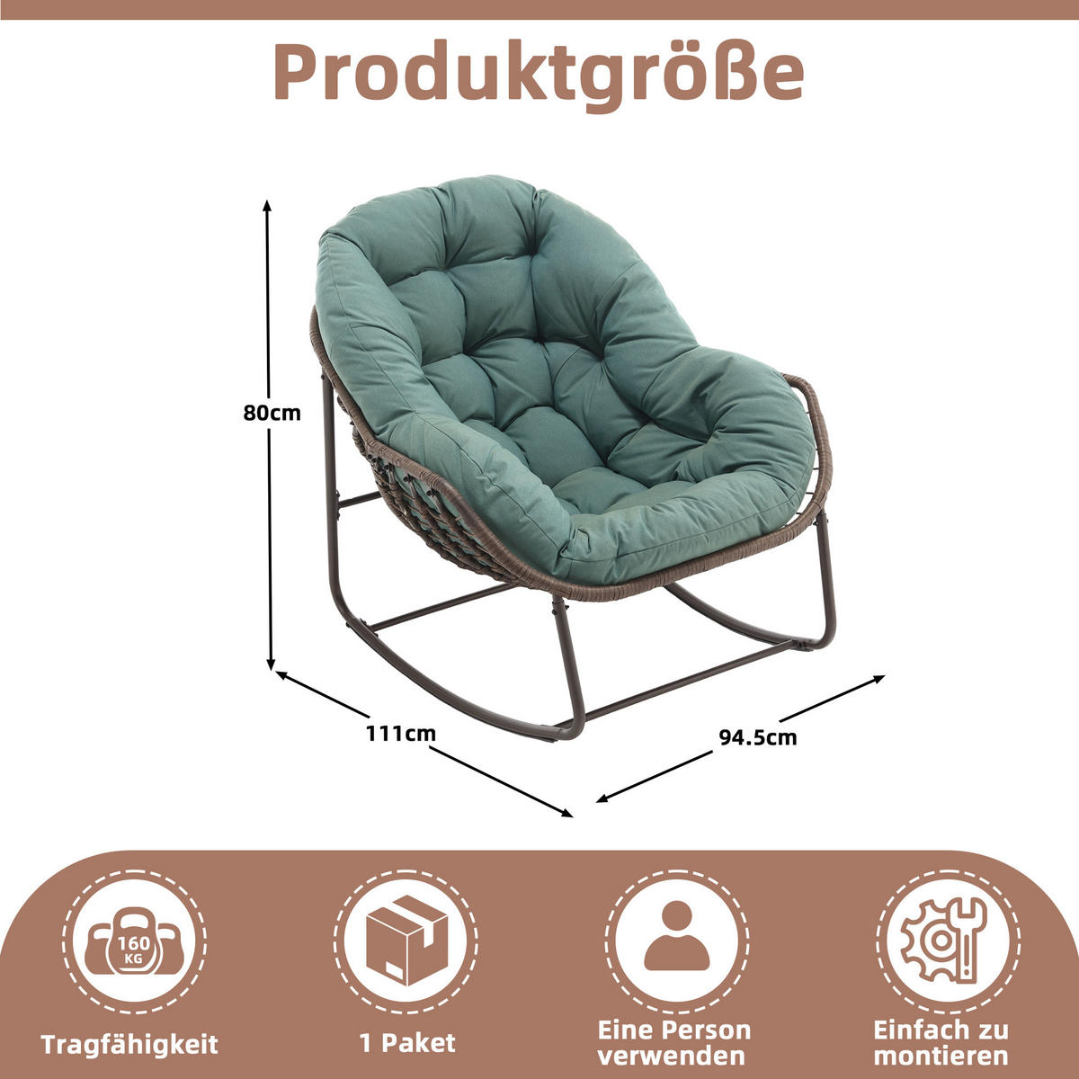SCHAUKELSTUHL Schaukelsessel Garten,Rattanstuhl mit Stahlrahmen,Grün-Polyester - Grün, Metall (94.5/80/111cm) - LVHOM