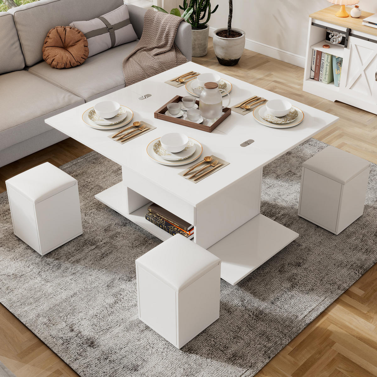 COUCHTISCH Weiß 100/100/63,5 cm höhenverstellbar mit 4 Hockern - Weiß, Holzwerkstoff (100/100/63.5cm) - PANGIVO