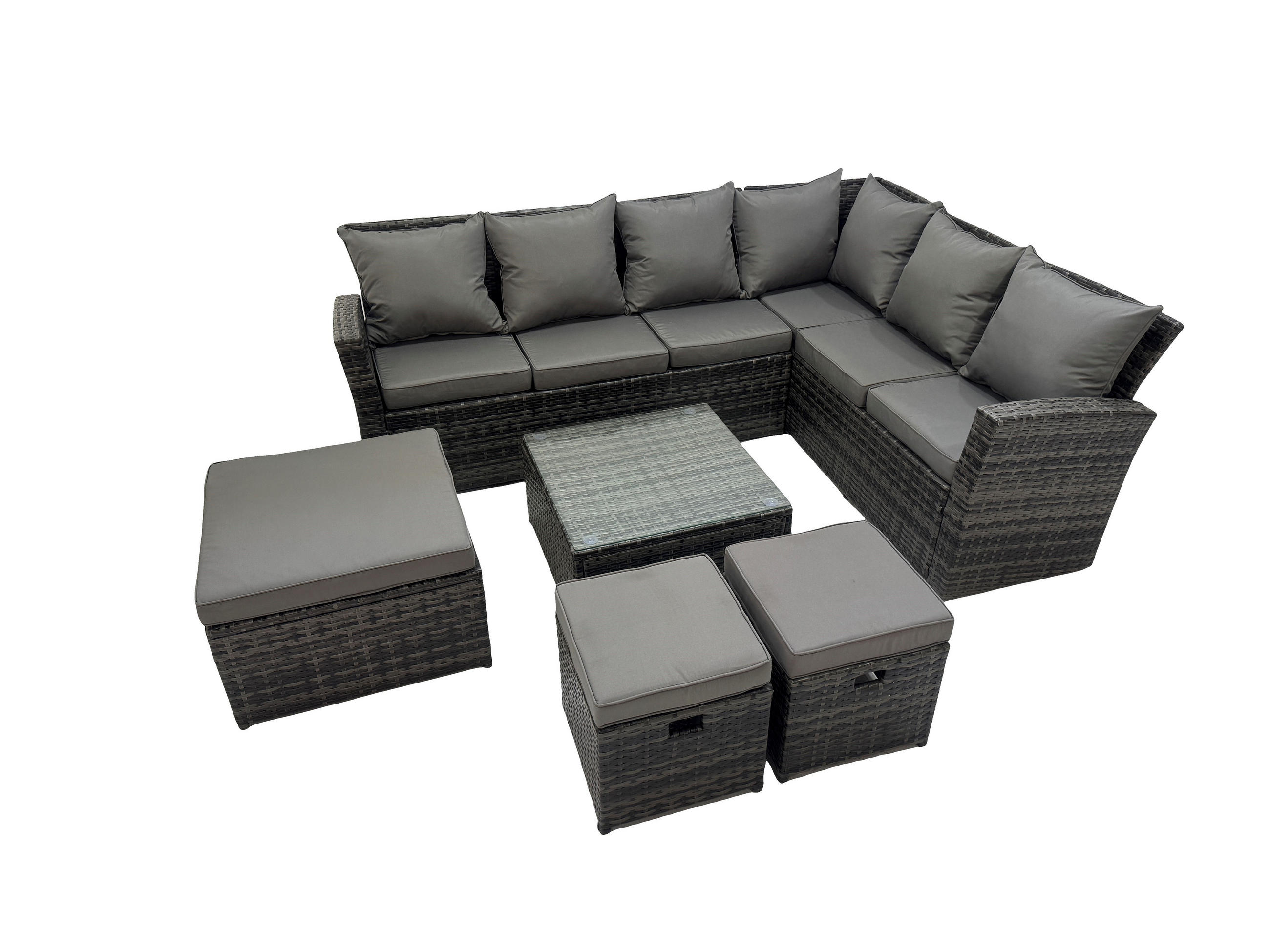 GARTENSOFA SET Hohe Rückenlehne Polyrattan Dunkelgrauer Mix 9-Sitzer - Dunkelgrau/Grau, Glas/Kunststoff - Fimous