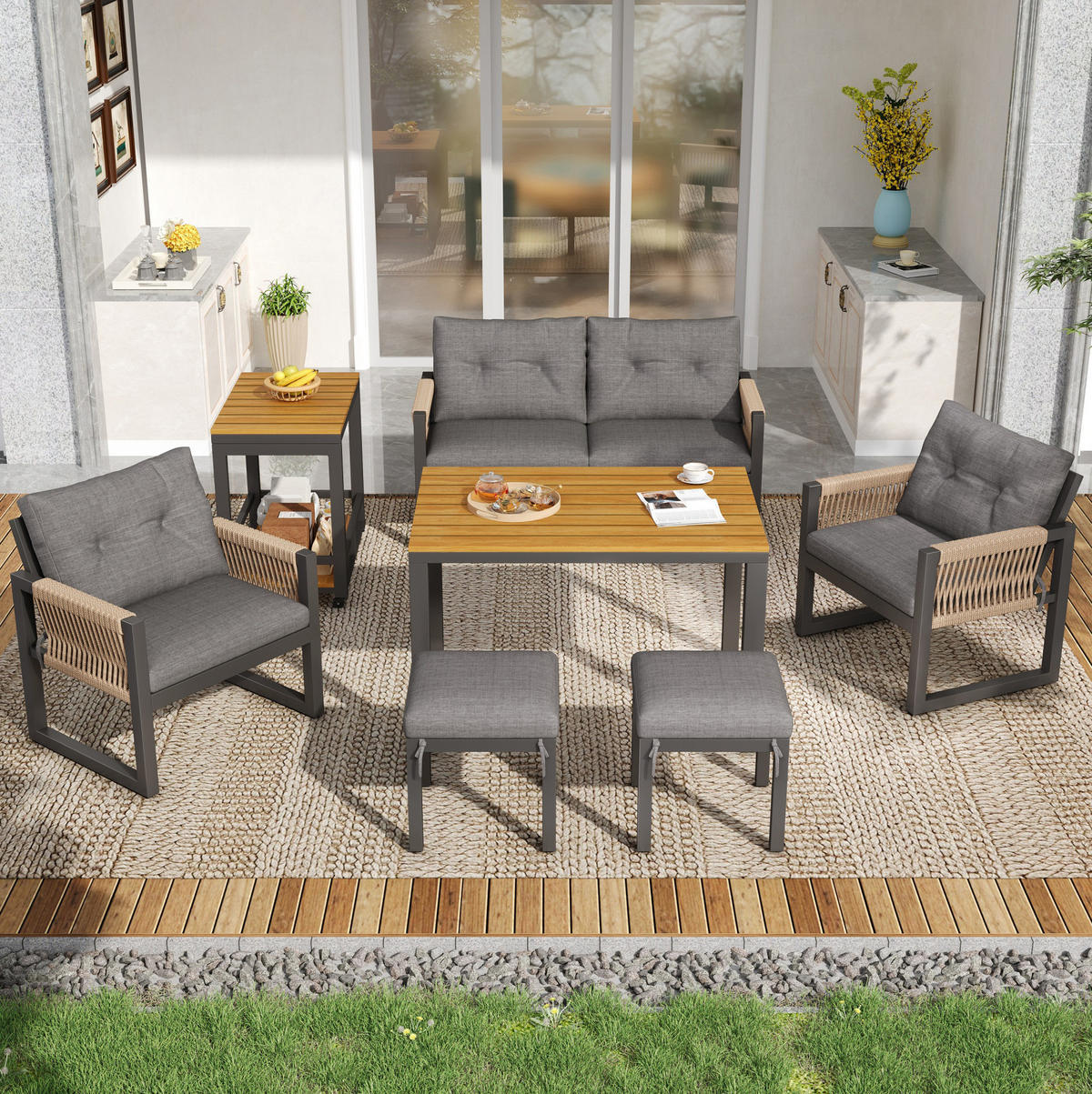 GARTENMÖBEL-SET 150/79,5/75 cm mit abnehmbarem Tisch und Sitzkissen, Seilarmlehnen, Grau/Natur - Grau, Metall - Redom