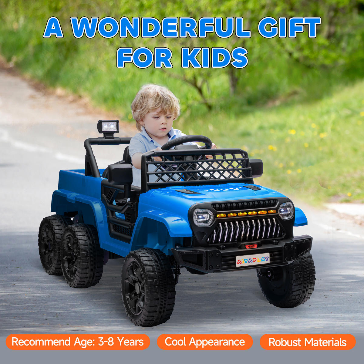 ELEKTRISCHES Kinderauto 12V, mit Anhänger, LED-Lichtern, Musik und Hupe, für Kinder im Alter von 3-8 Jahren, Hellblau - Hellblau, Kunststoff/Metall (122/62.5/65cm) - AIYAPLAY