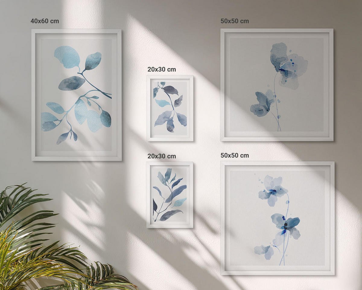 WANDBILDER 5er-Set - 50x50 cm & 20x30 cm & 40x60 cm Weißer Rahmen - Aquarell von blauen Blättern - Weiß, Kunststoff (40/60cm) - ArtPrintCave