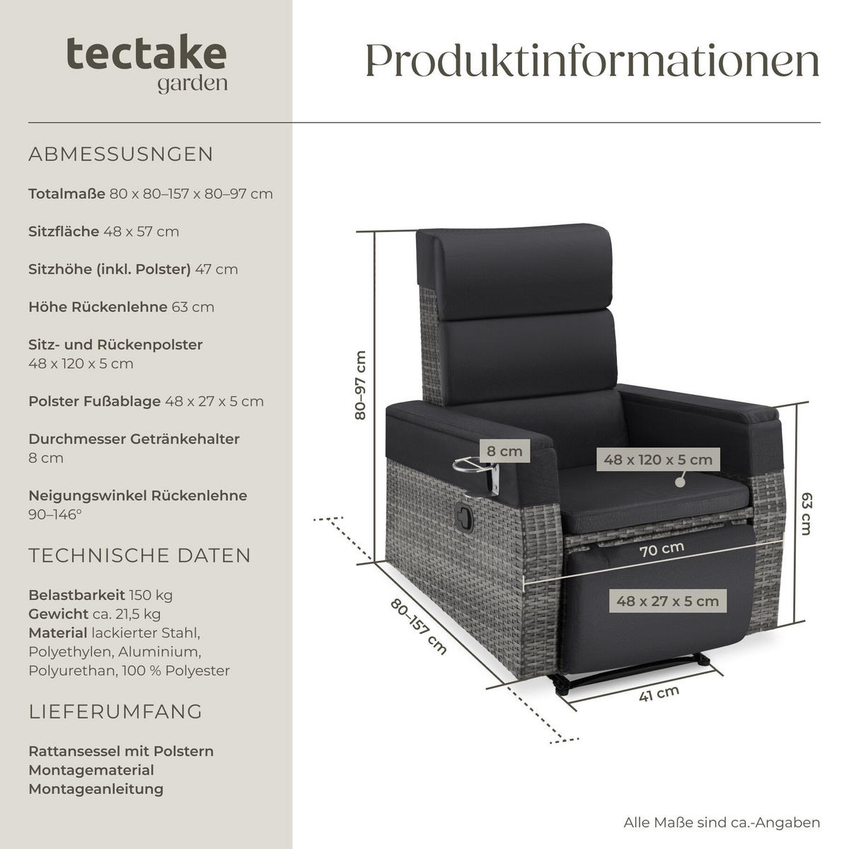 RATTANSESSEL aus Aluminium Pacentro, Belastbarkeit 150 kg, 80 x 80 - 157 x 80 - 97 cm, grau - Grau, Kunststoff (157/97/80cm) - tectake