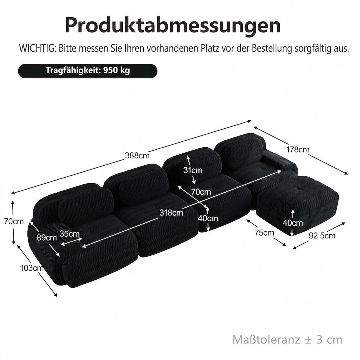 ECKSOFA 388/178/70 cm Schwarz Cord mit extra-breiten Armlehnen, Rahmenloses - Schwarz, Textil (388/178cm) - Oxeza