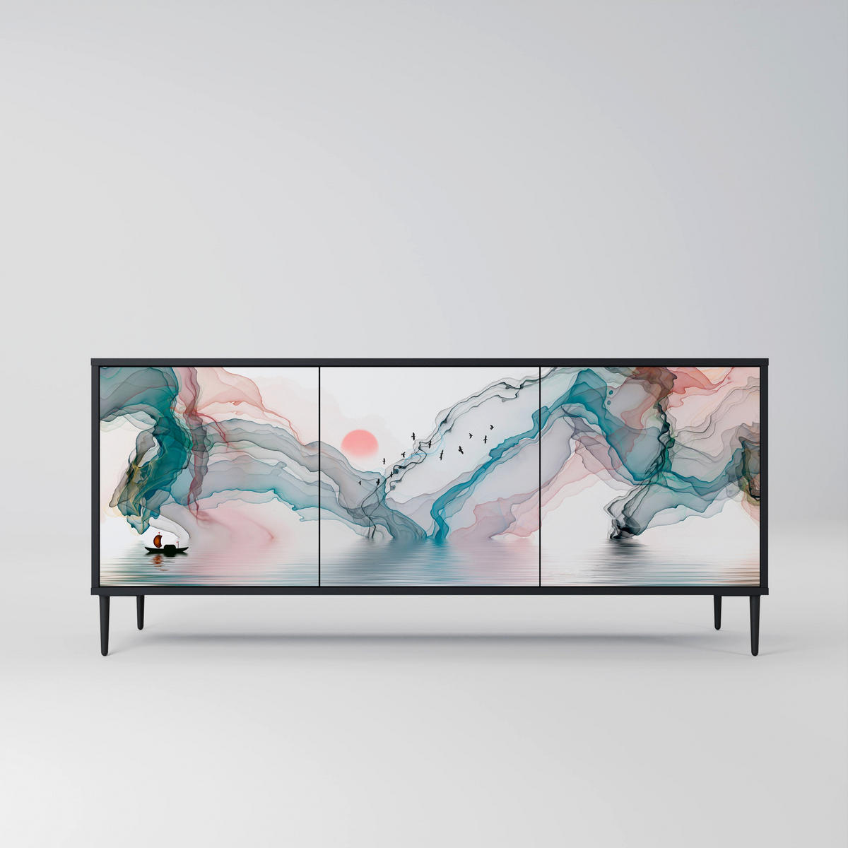 SIDEBOARD VELVET CROSSING, Graue Oberfläche, 164,5x42x72,5 cm, 3 Türen - Schwarz/Grau, Holzwerkstoff/Metall (164.5/72.5/42cm) - SpaceRebels