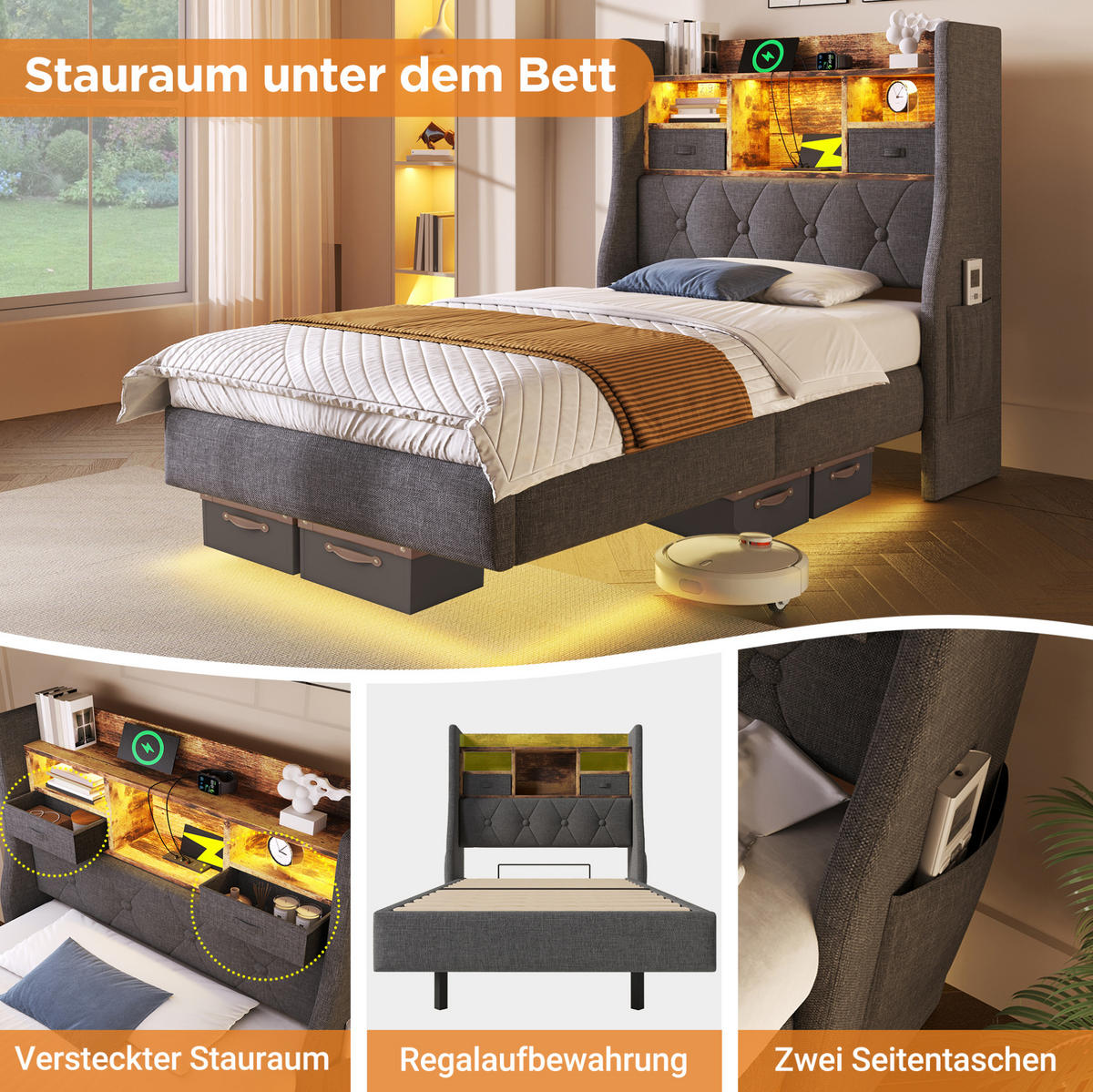 POLSTERBETT 140/200 cm grau aus Leinen mit LED und Ladestation - Grau, Textil (140/200cm) - OKMYHOME