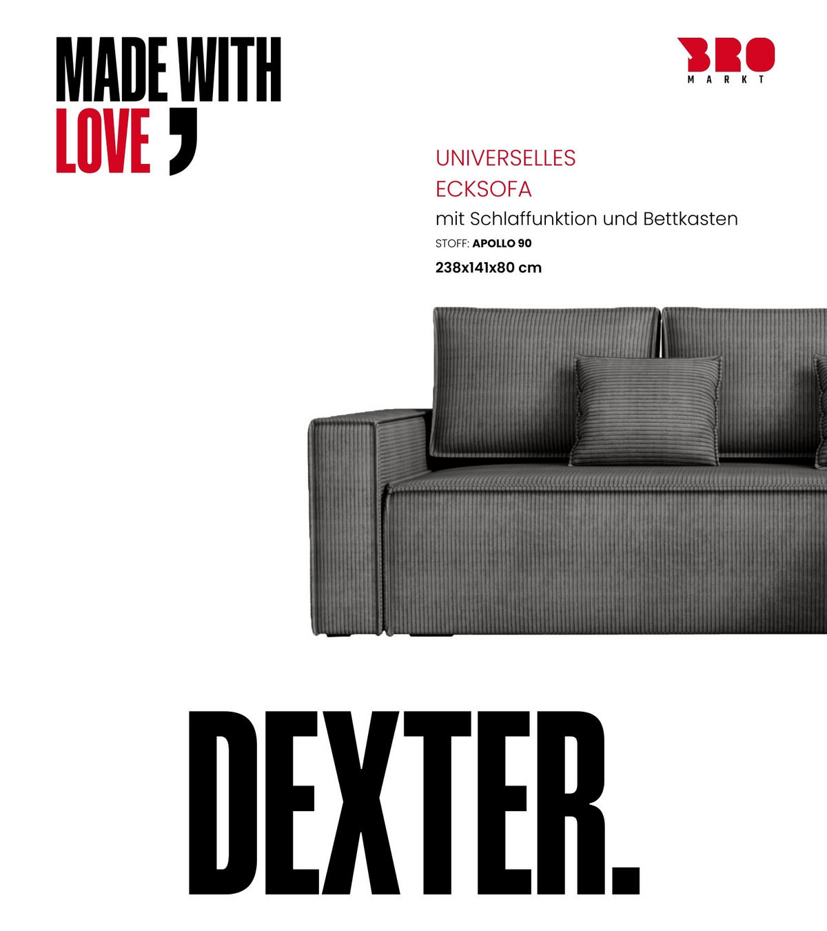 ECKSOFA Dexter mit Schlaffunktion Grau Cord - Dunkelgrau, Textil (238/141cm) - Bromarkt