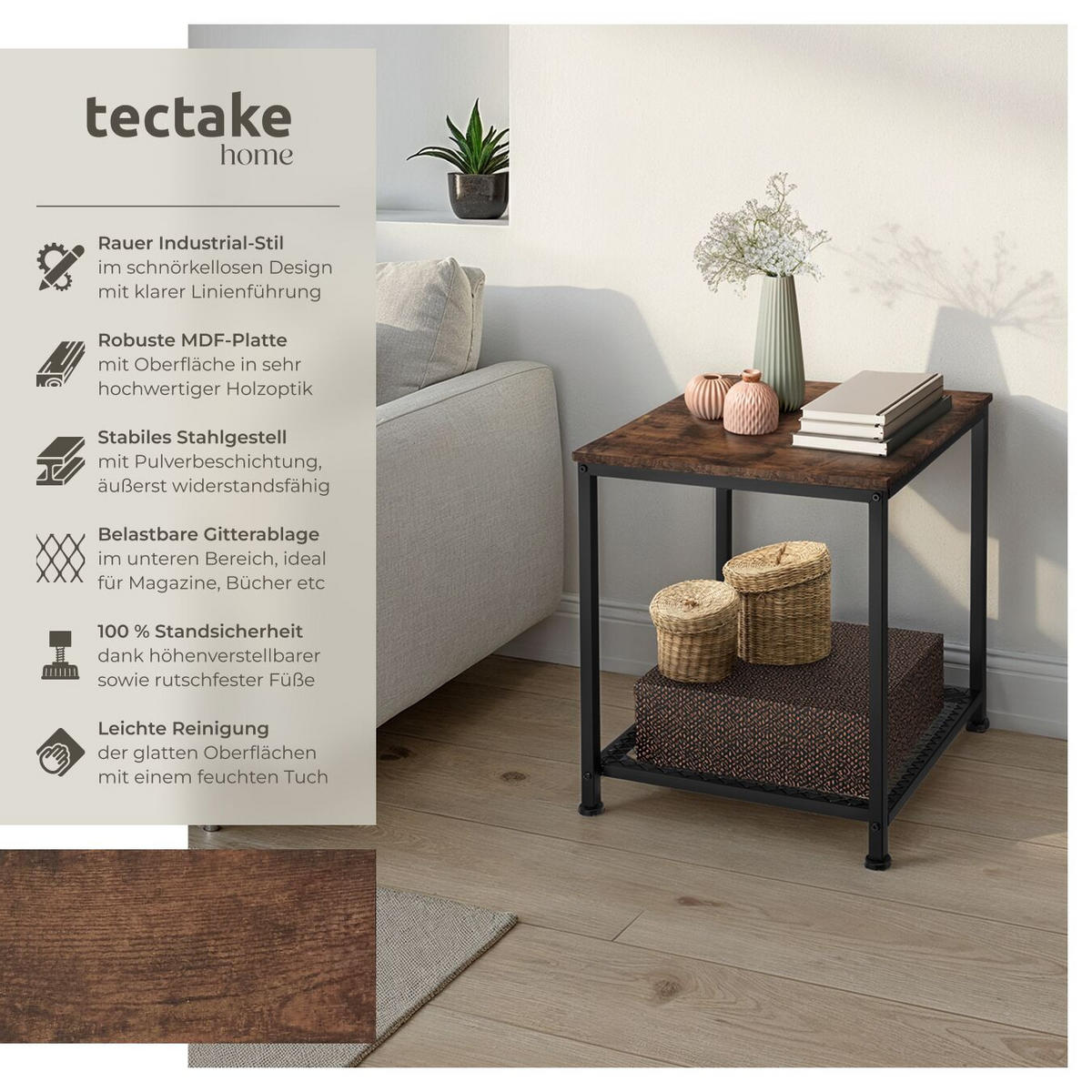 BEISTELLTISCH Derby,45,5 x 45,5 x 55,5 cm,Industrial Holz dunkel, rustikal - Rostfarben, Holz (45.5/45.5/55.5cm) - tectake