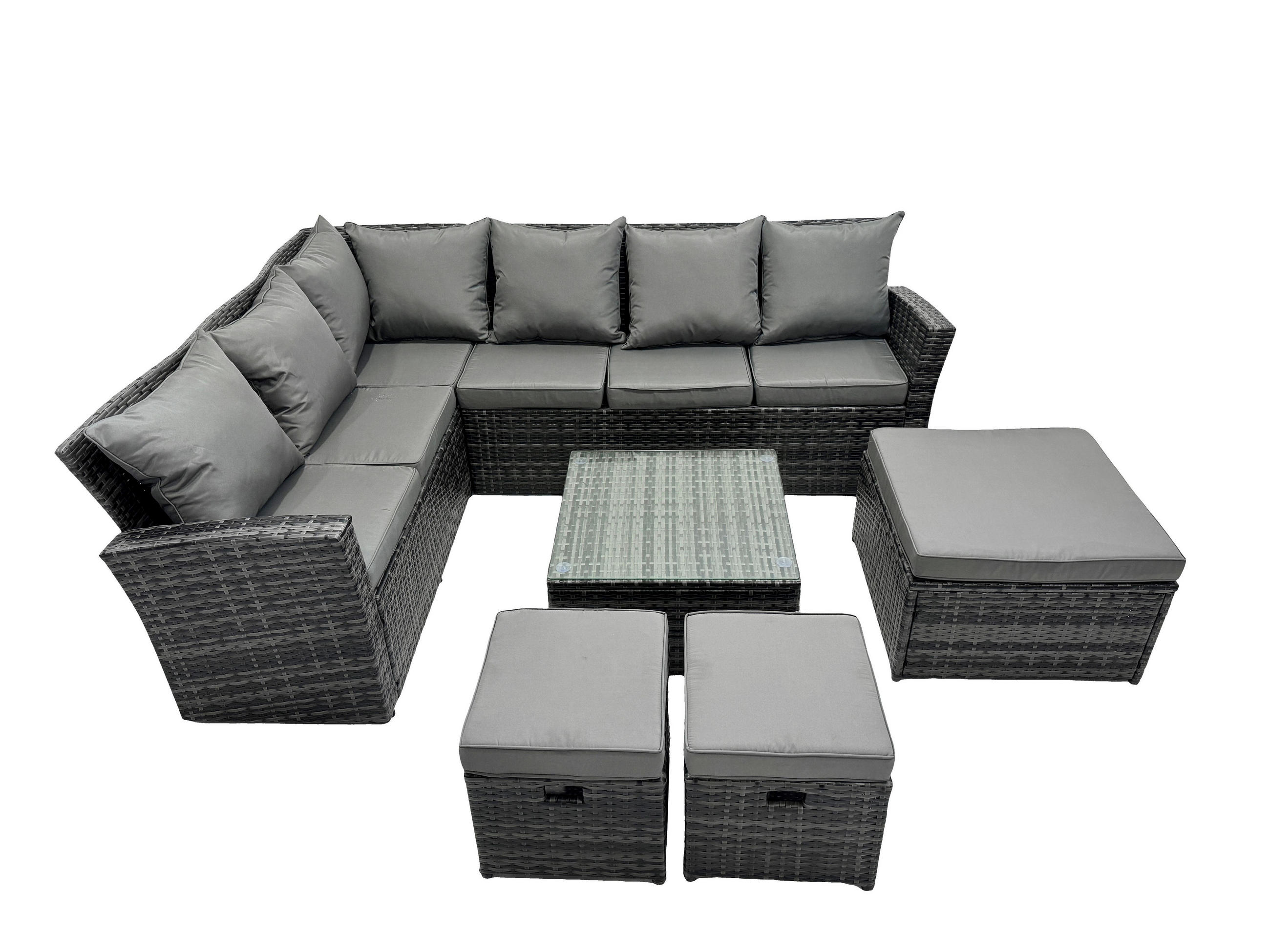 BALKONMÖBEL-SETS mit Ecksofa,Quadratischer Couchtisch,2 Sesseln Polyrattan Dunkelgrau 9-Sitzer - Dunkelgrau/Grau, Glas/Kunststoff - Fimous