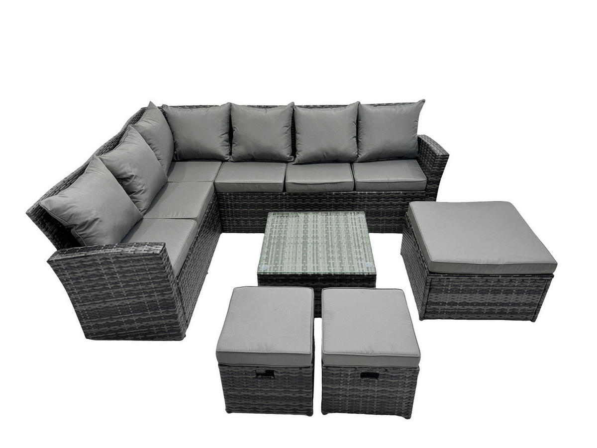 BALKONMÖBEL-SETS mit Ecksofa,Quadratischer Couchtisch,2 Sesseln Polyrattan Dunkelgrau 9-Sitzer - Dunkelgrau/Grau, Glas/Kunststoff - Fimous