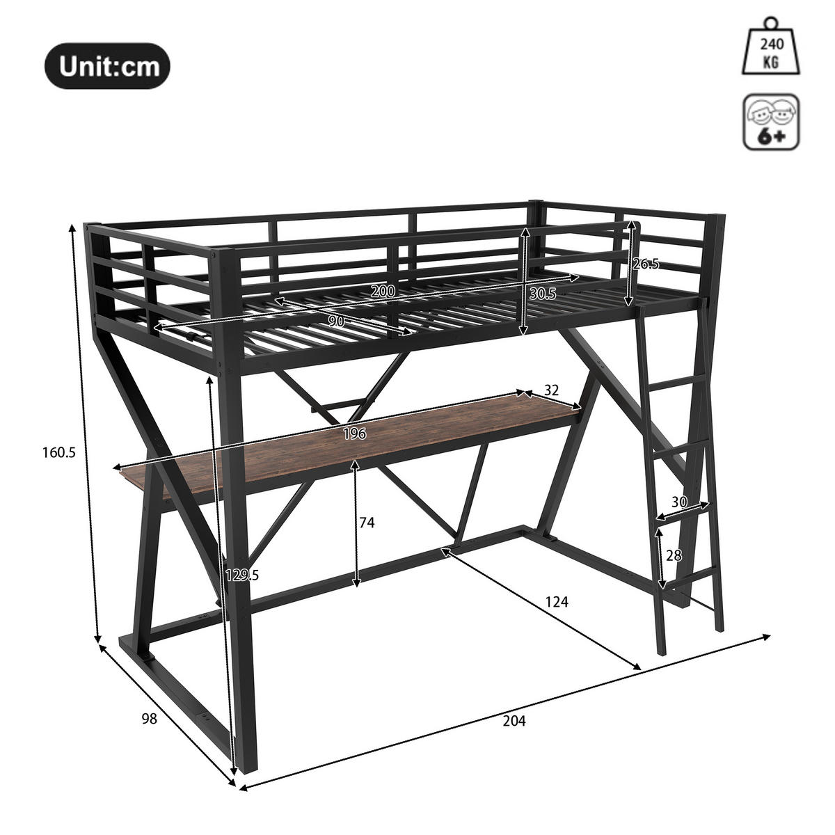 HOCHBETT 90/200 cm Schwarz mit LED-Beleuchtung und Schreibtisch aus Metall - Schwarz, Metall (90/200cm) - OKWISH