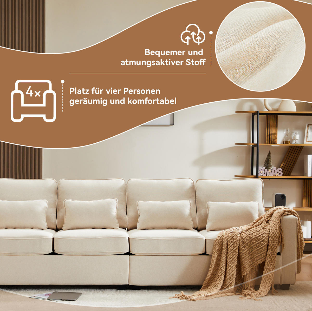 SOFA z ľanovej látky 264x83x87 cm béžová s opierkovými vreckami a 4 vankúšmi - béžová, textil (264/87/83cm) - Modfu