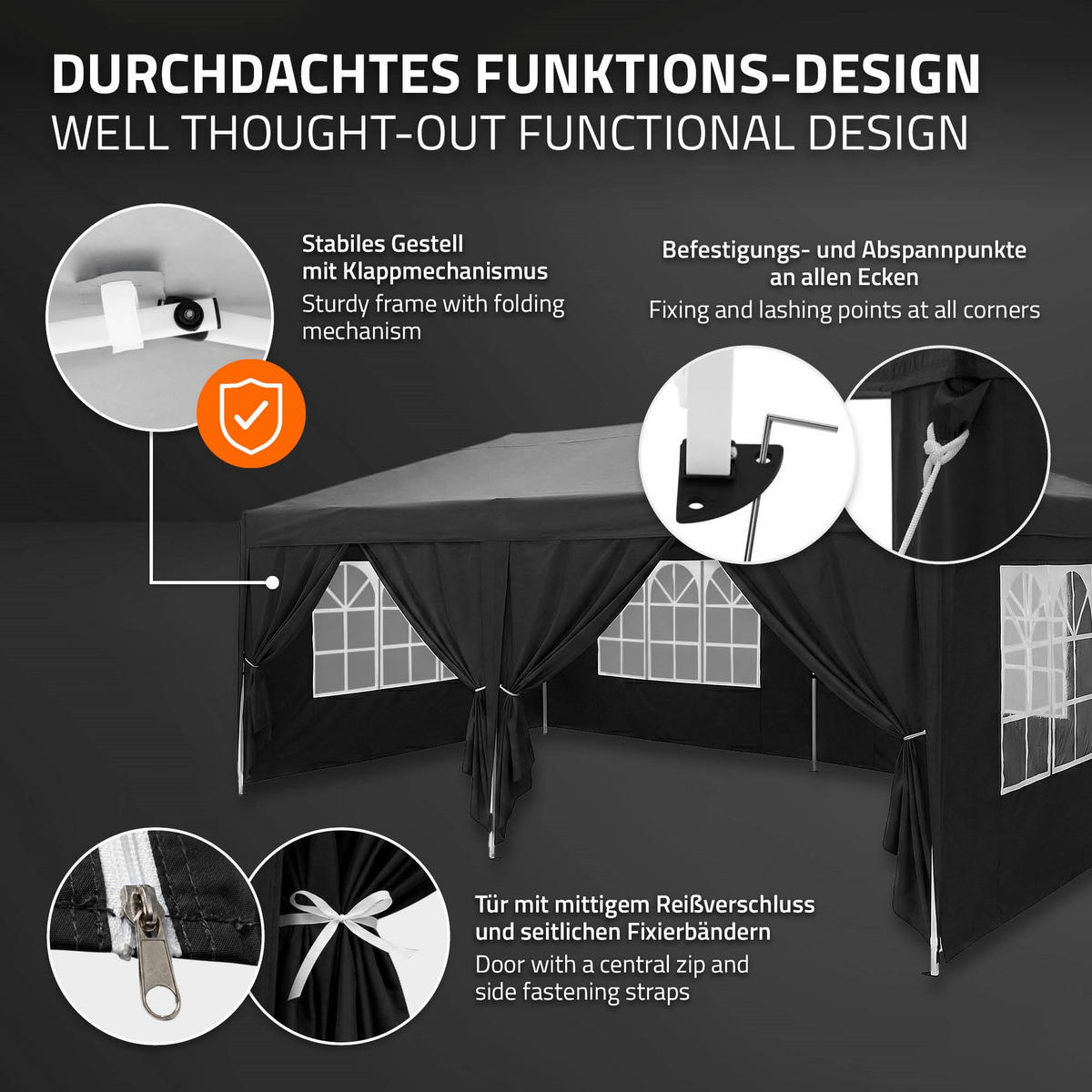 POP UP PAVILON 3x6 m černý skládací pavilon, vodotěsný, stabilní, se 6 bočními stěnami - černá, textil (600/260/300cm) - ECD-Germany