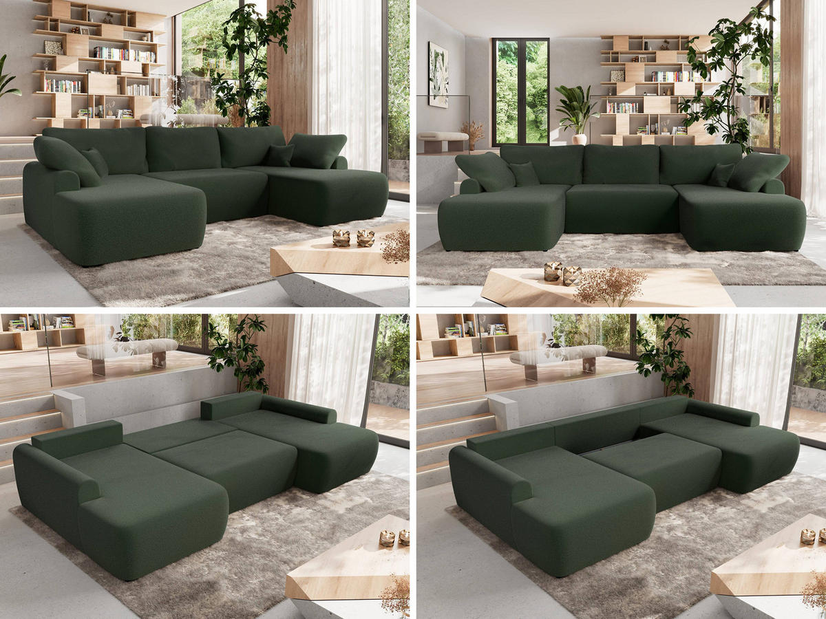 WOHNLANDSCHAFT CUBO U Dunkelgrün Boucle - Dunkelgrün/Schwarz, Kunststoff/Textil (370/100/187cm) - MKS