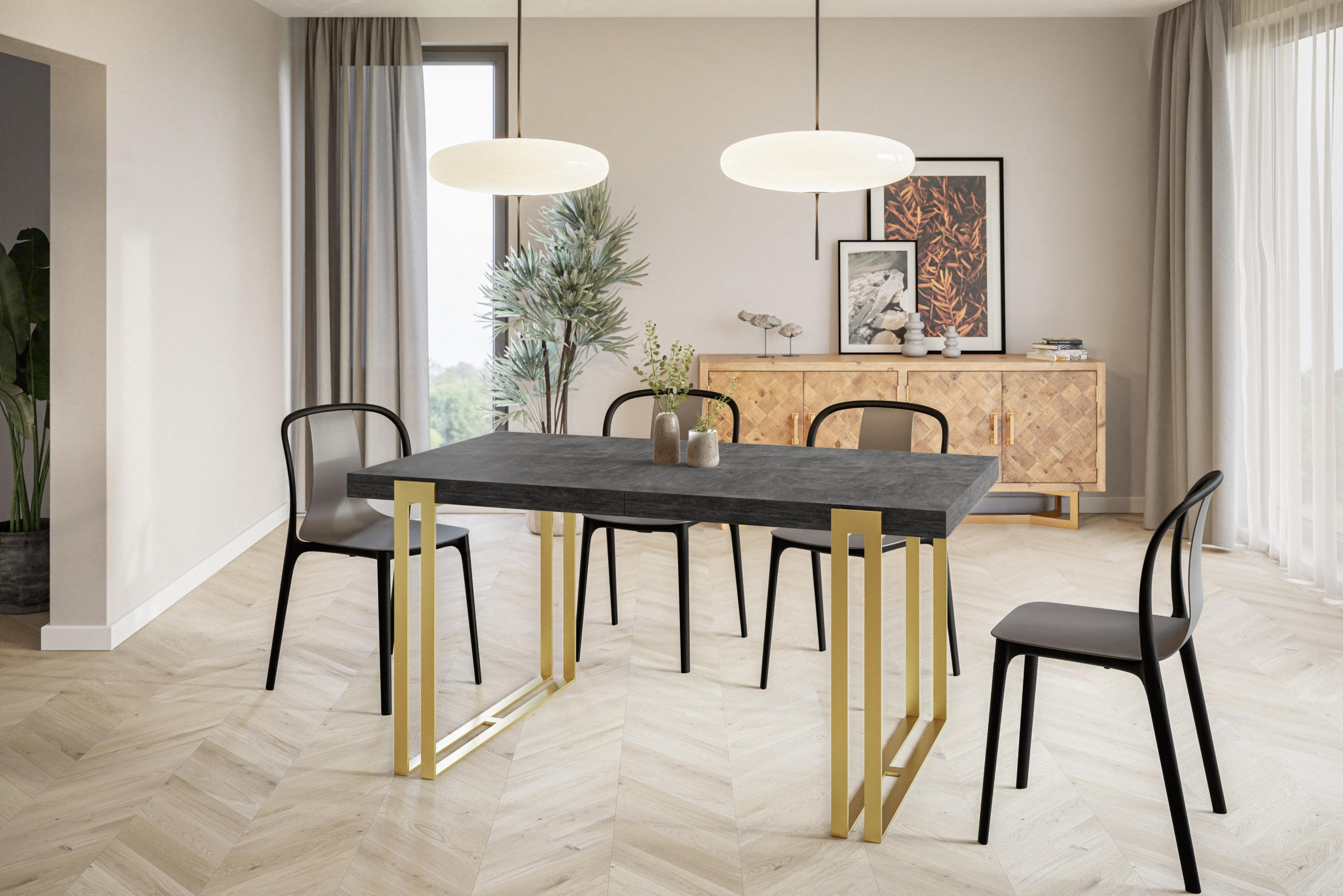 ESSZIMMERTISCH ROSA 200X90X77 cm, Farbe: Dunkelgrau, mit Metallbeinen in Farbe Gold - Dunkelgrau/Goldfarben, Holzwerkstoff (200/90/77cm) - Alpi-Möbel