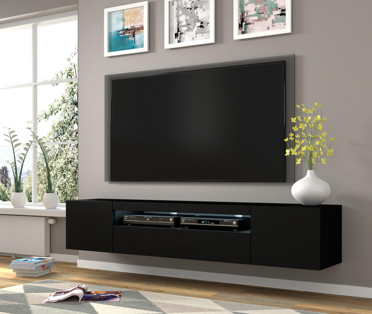 TV LOWBOARD Schwarz 200/42/37 - Schwarz, Holzwerkstoff (200/42/37cm) - RAUMHIRSCH FURNITURE
