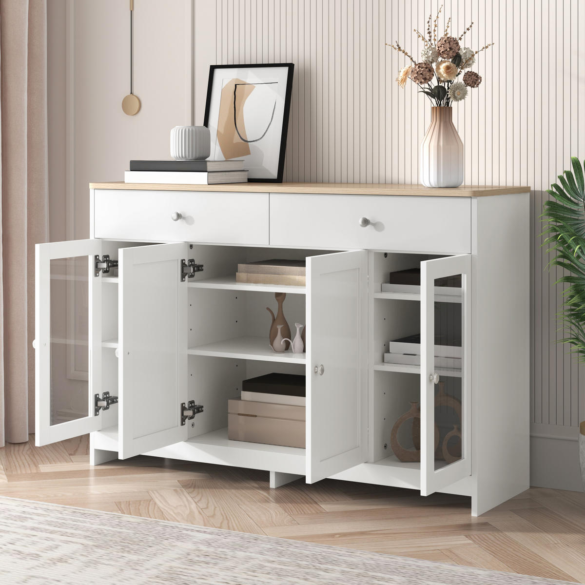 SIDEBOARD mit zwei Schubladen weiß-holzfarben 120×37×80 cm aus MDF - Weiß, Holzwerkstoff (120/80/37cm) - Luhomfu