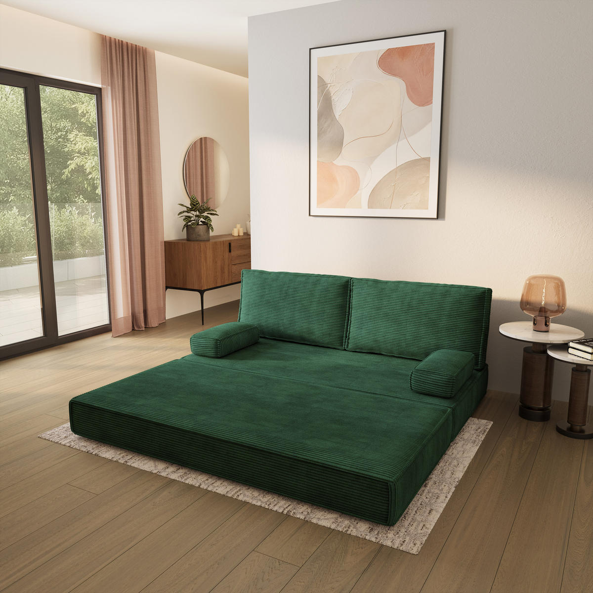 POHOVKA z pěny SILAR s funkcí spaní Manšestrová látka Zelená - zelená barva, textil (170/86/80cm) - MASSENO