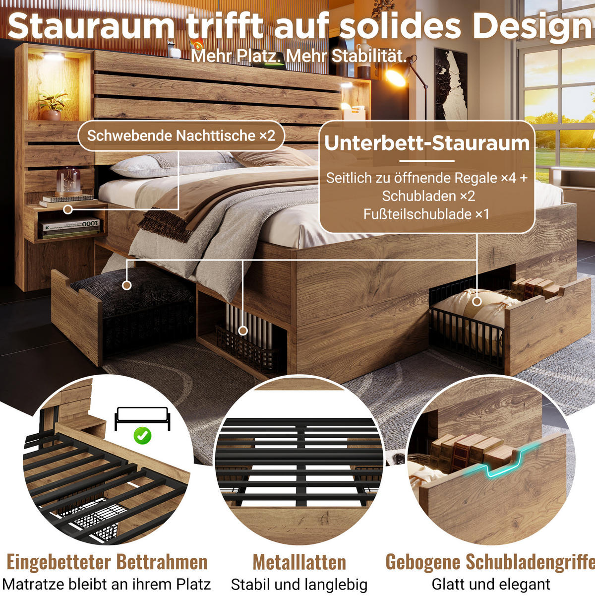 MANŽELSKÁ posteľ 180/200 cm dubová s LED osvetlením, USB a USB-C portmi, nočnými stolíkmi a úložným priestorom z MDF a kovu - farba duba, kompozitné drevo (180/200cm) - OKWISH