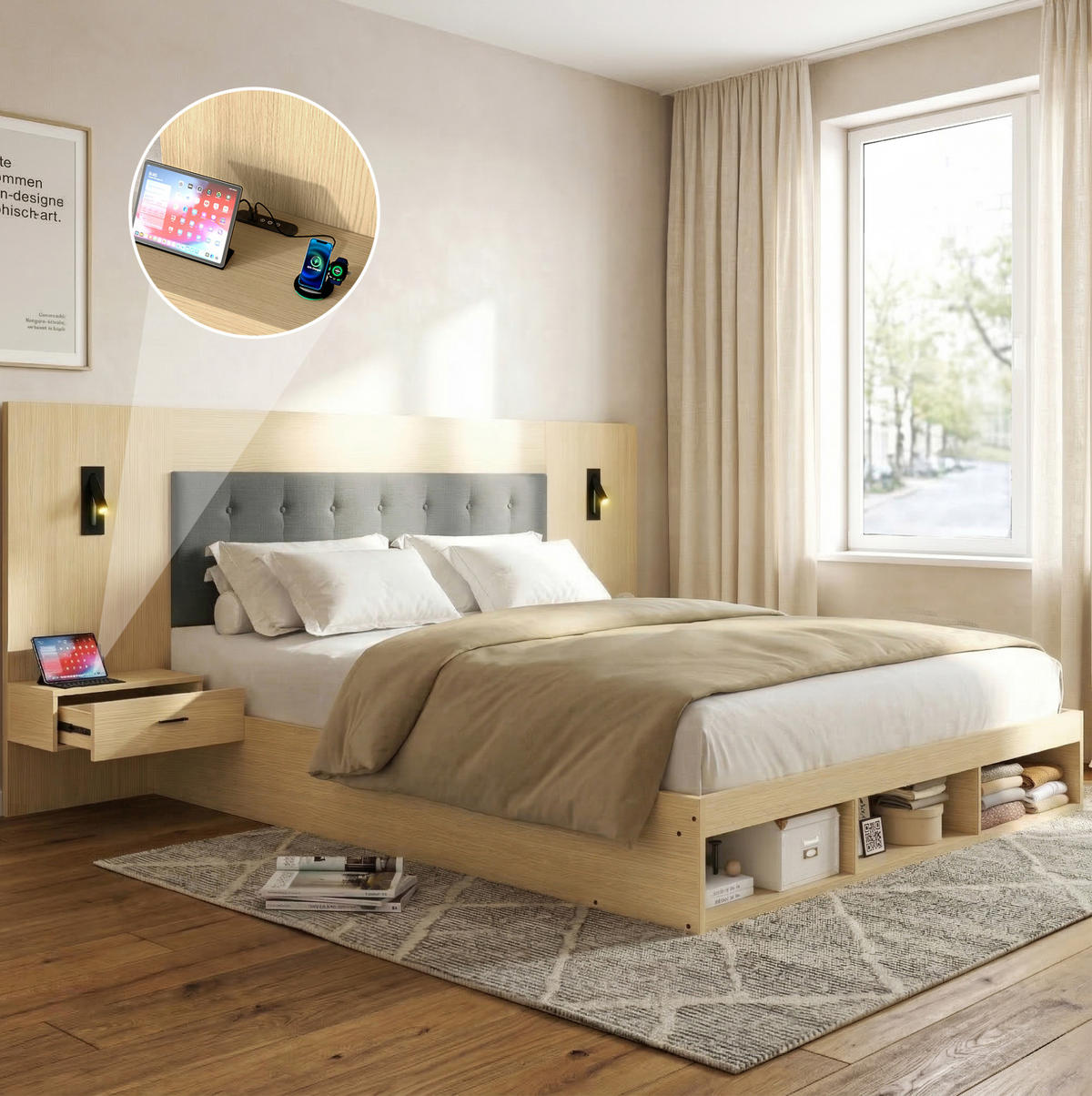 MANŽELSKÁ posteľ 160/200 cm svetlý dub z MDF s úložným priestorom USB Type-C a lampami s 2 nočnými stolíkmi - farba duba, kompozitné drevo (180/200cm) - OKWISH