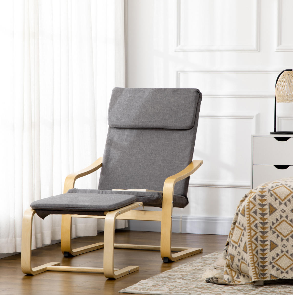 RELAXSESSEL 66.5/99/80 cm Grau aus Leinen mit Fußhocker - Grau, Textil (80/99/66.5cm) - OKMYHOME