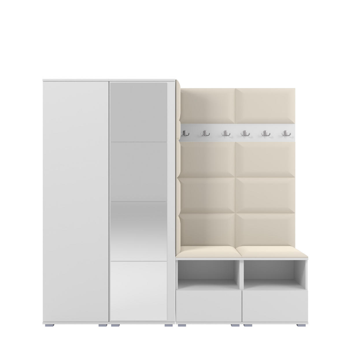 GARDEROBE NELA VI 200 cm (Kompaktgarderobe Weiß mit Spiegel & Sitzpolster Creme 01 Schrank & Paneel) - Silberfarben/Creme, Holz/Holzwerkstoff (200/187/40cm) - Ravio