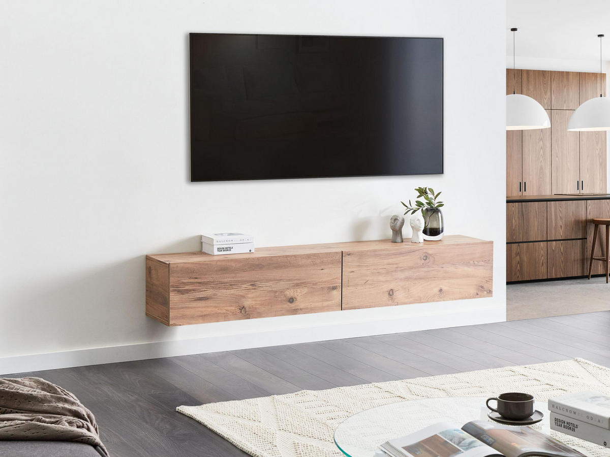 WANDMONTIERTER-TV-SCHRANK Braun Gladstone - Braun, Holzwerkstoff (180/30/32cm) - Beliani