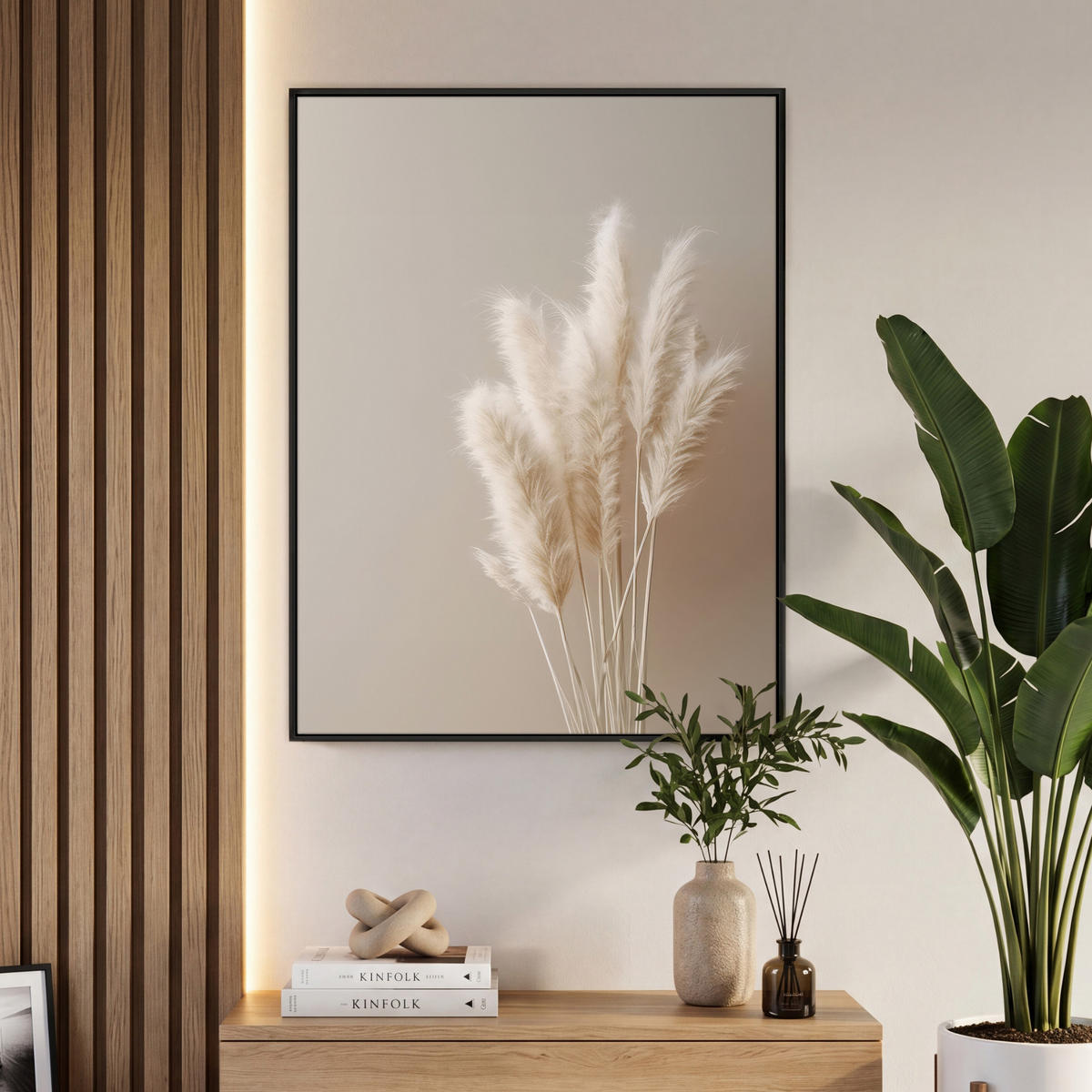 LEINWAND Bilder mit Rahmen - Pampasgras - Federn - Pastell - Weiß - 70x100 - Naturfarben, Textil (70/100cm) - MuchoWow