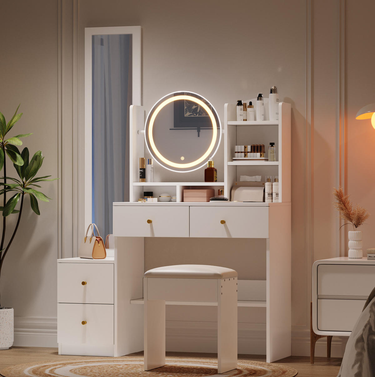 SCHMINKTISCH 109/36/164 cm Weiß mit LED-Beleuchtung und Hocker Ganzkörperspiegel - Weiß, Holzwerkstoff (36/164/109cm) - OKWISH