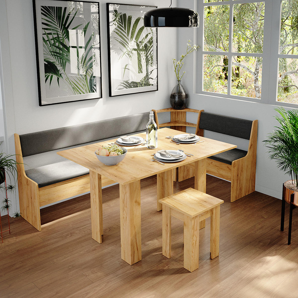ECKBANKGRUPPE Roman Goldkraft Eiche 210 x 41.5 cm mit Tisch - Honigeiche/Anthrazit, Holzwerkstoff (210/80/120cm) - Vicco